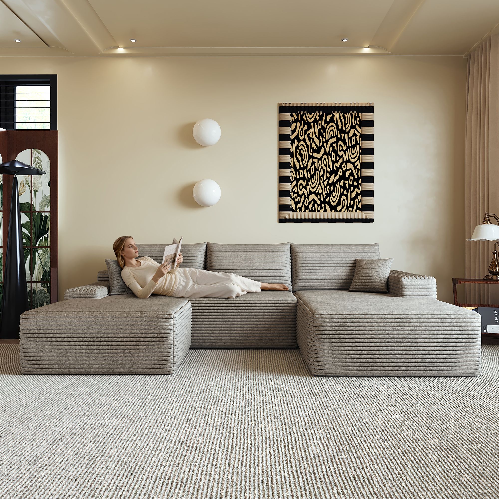 Canapé d'angle en tissu velours côtelé camel, garnissage mousse souple, lignes fluides, dimensions 270x175x83cm, style moderne