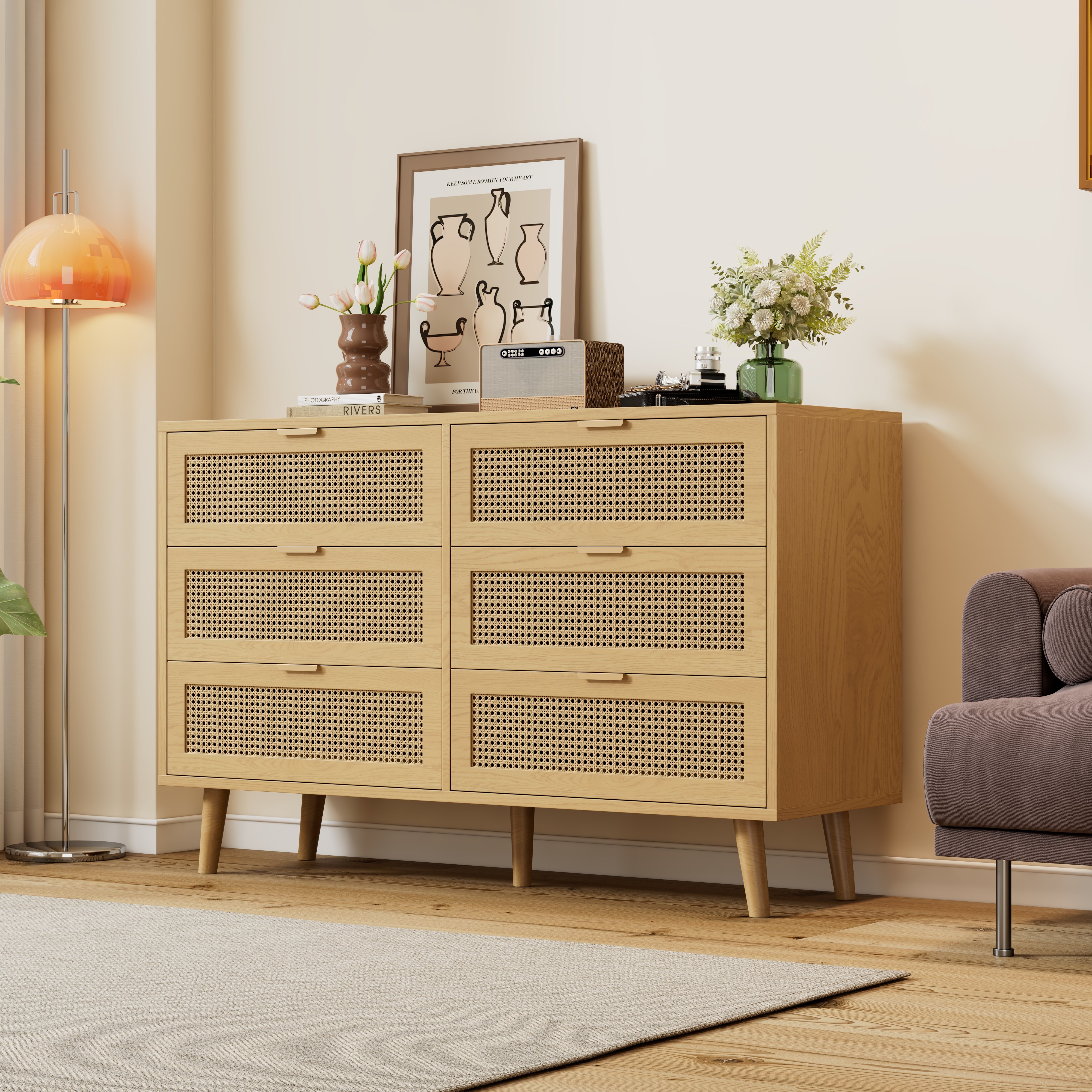 Buffet 6 tiroirs style rattan 120x76,5 cm Meuble rangement haute capacité avec poignées métal pour décoration intérieure