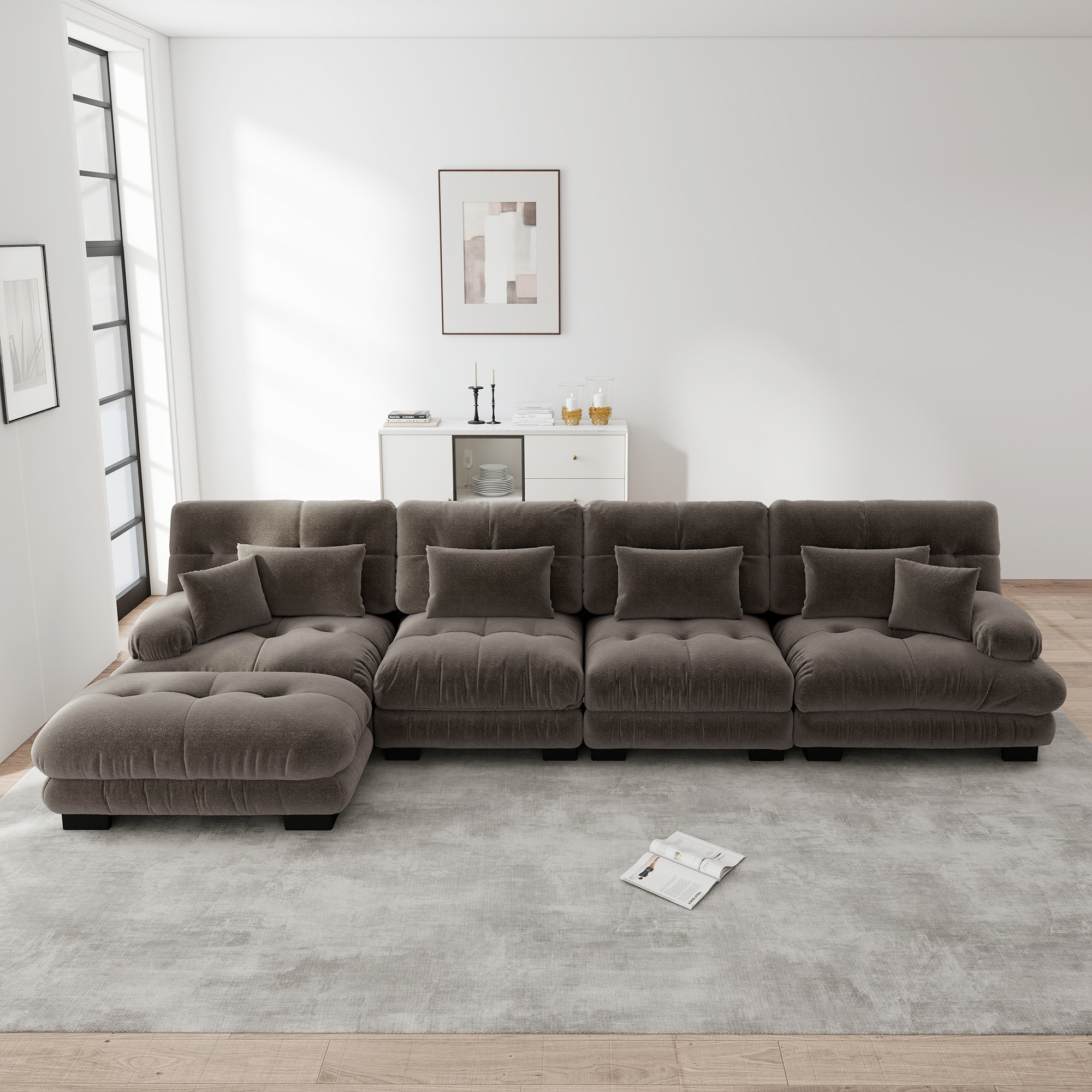 Canapé d'angle modulable 4 places en tissu chenille marron avec ottoman mobile pour salon moderne