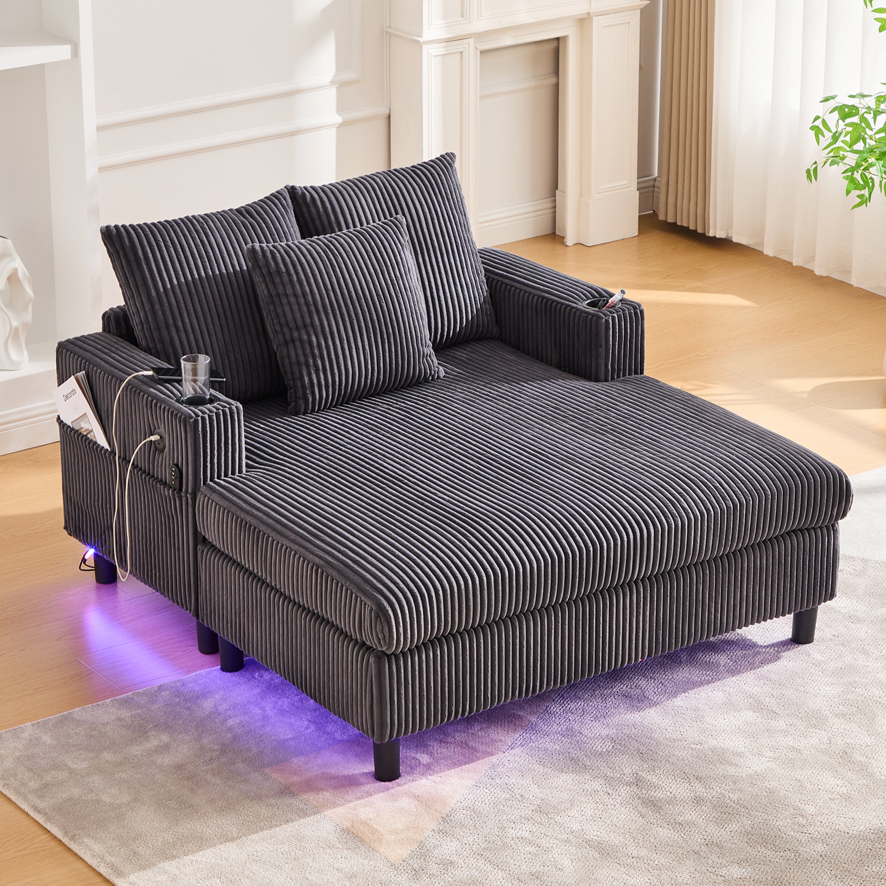 Canapé 2 places avec LED multicolore, USB et porte-gobelets intégrés, rangement sous l'assise