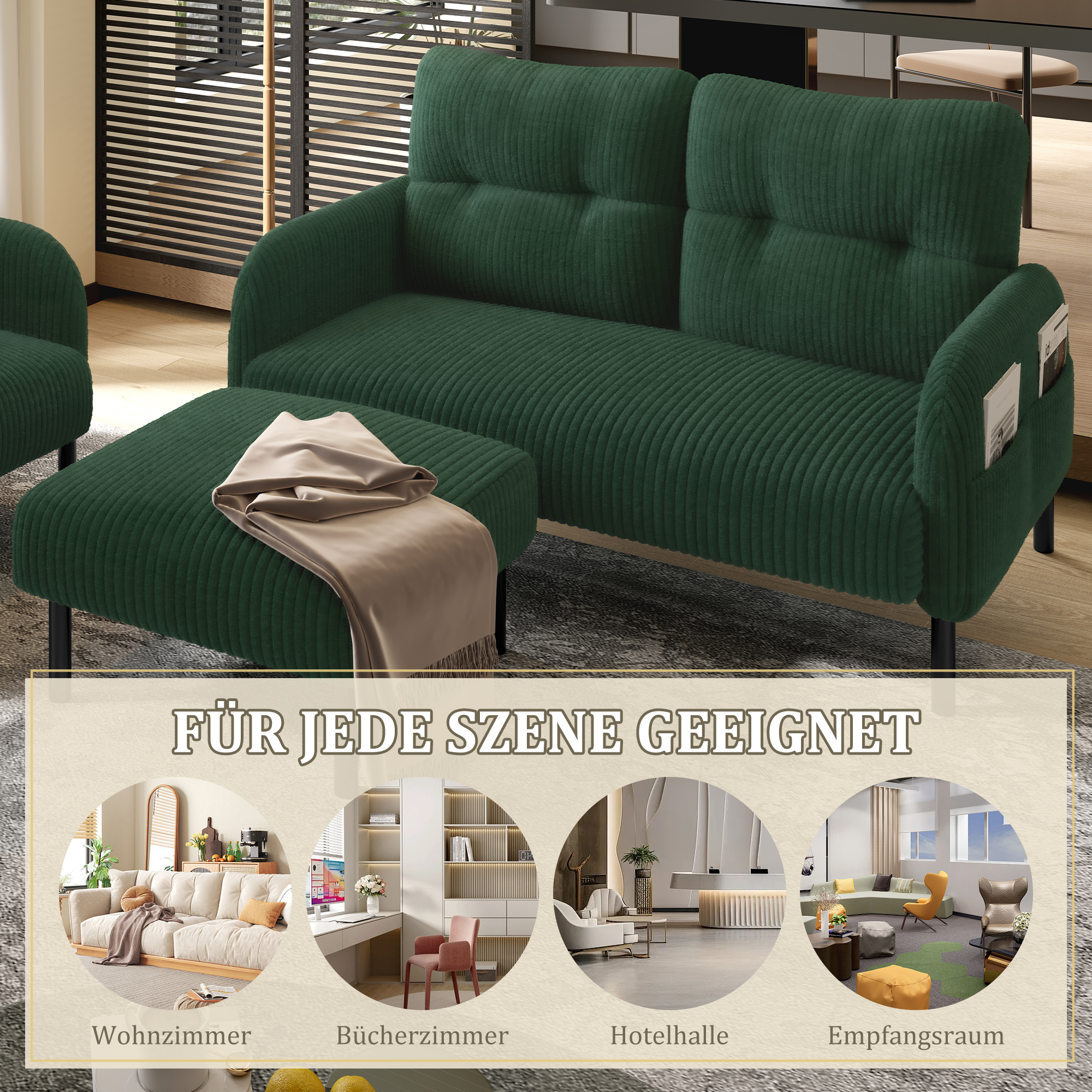 Canapé 2 places 120x75x79 cm en velours côtelé vert émeraude avec fauteuil et pouf inclus et poches latérales