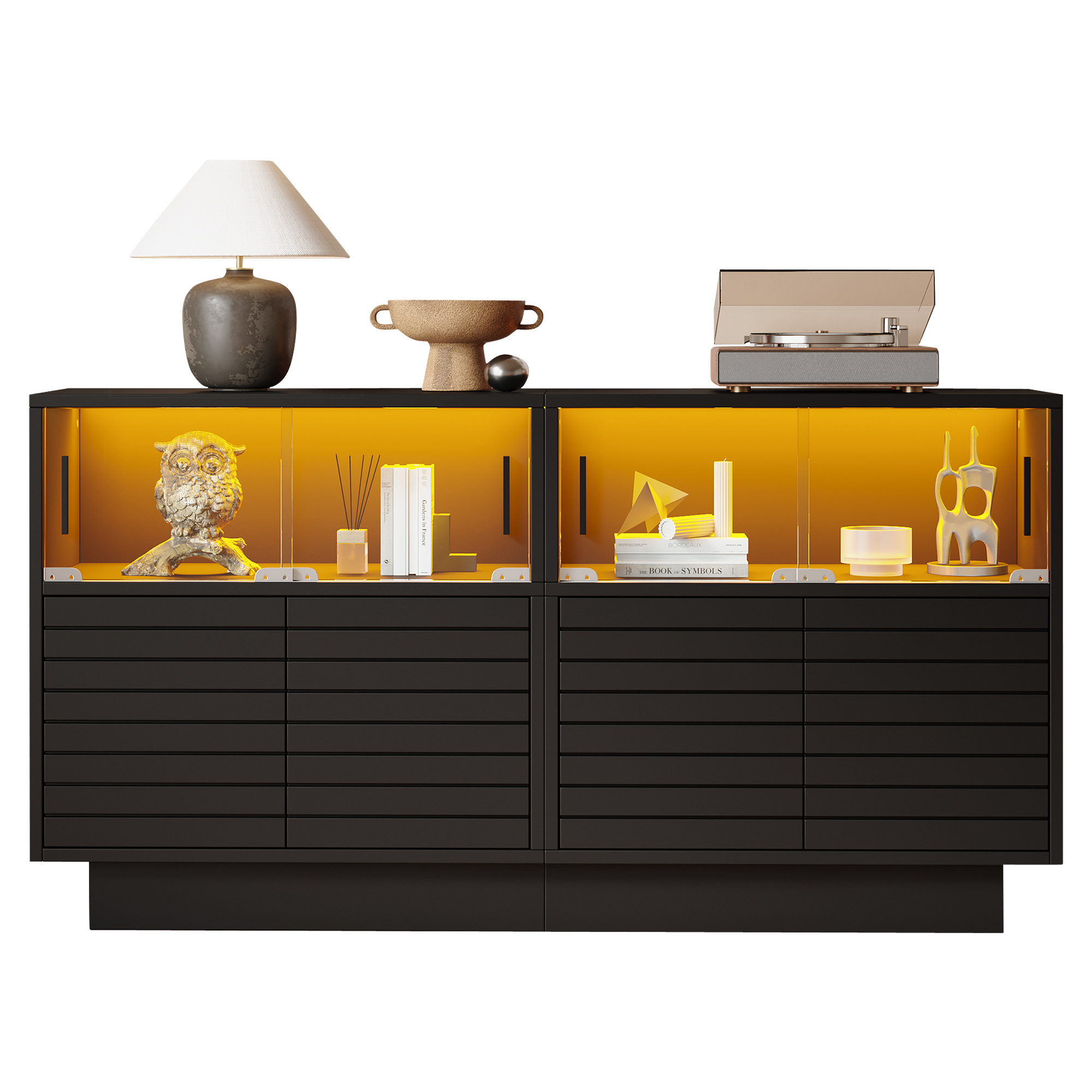 Buffet Noir 130x35x68 cm avec Éclairage LED Intégré et 4 Portes Vitres Coulissantes à Amortisseur Panneau de Particules