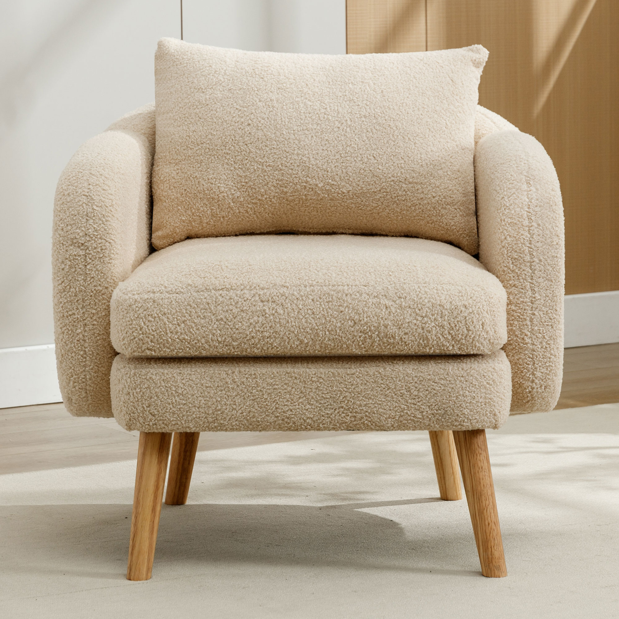Fauteuil Salon Moderne en Velours Teddy Beige, Coussin Amovible, Structure Bois Massif, Assise Confortable pour Intérieur