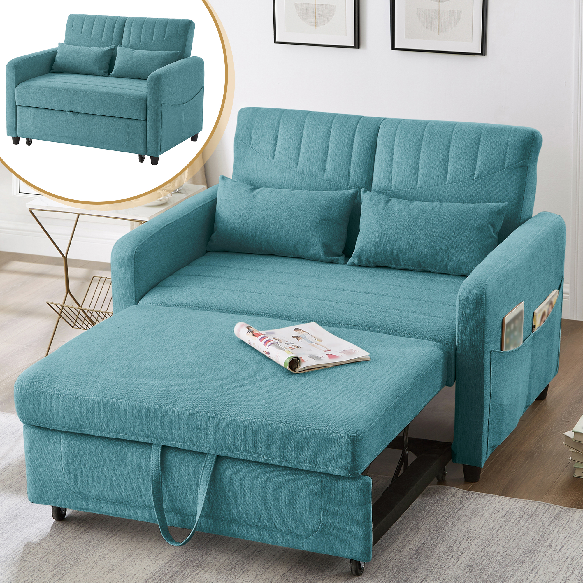Canapé Convertible 2 Places Extensible Design Contemporain Bleu Antique Tissu Lin Coton Dossier Réglable