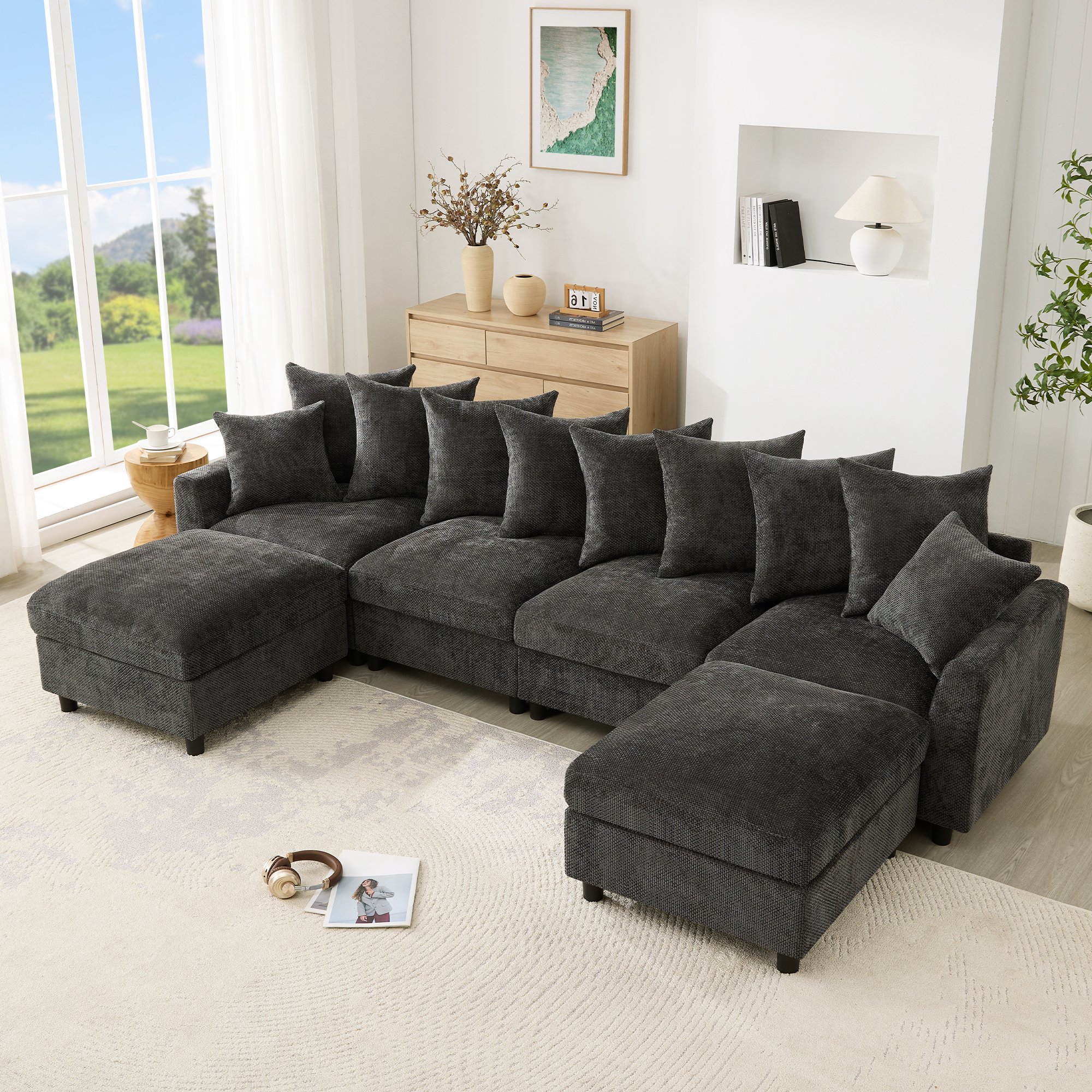 Canapé d'angle modulable 6 places en tissu chenille gris avec ports USB Type-C, 2 poufs inclus et 10 coussins pour salon moderne