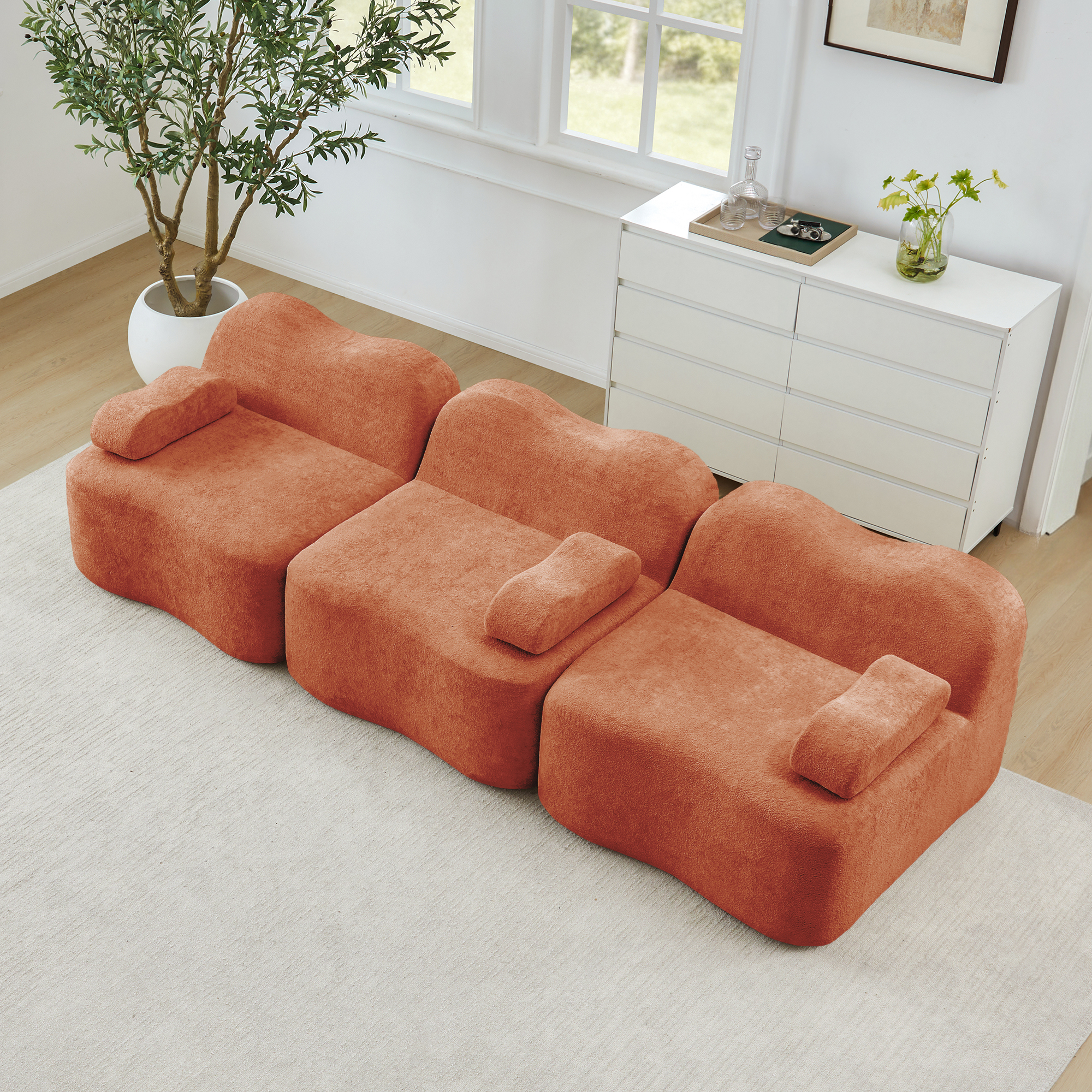 Canapé Modulable 3 Places en Velours Orange, Structure Boneless Mousse Haute Densité 32D avec Coussins Mobiles