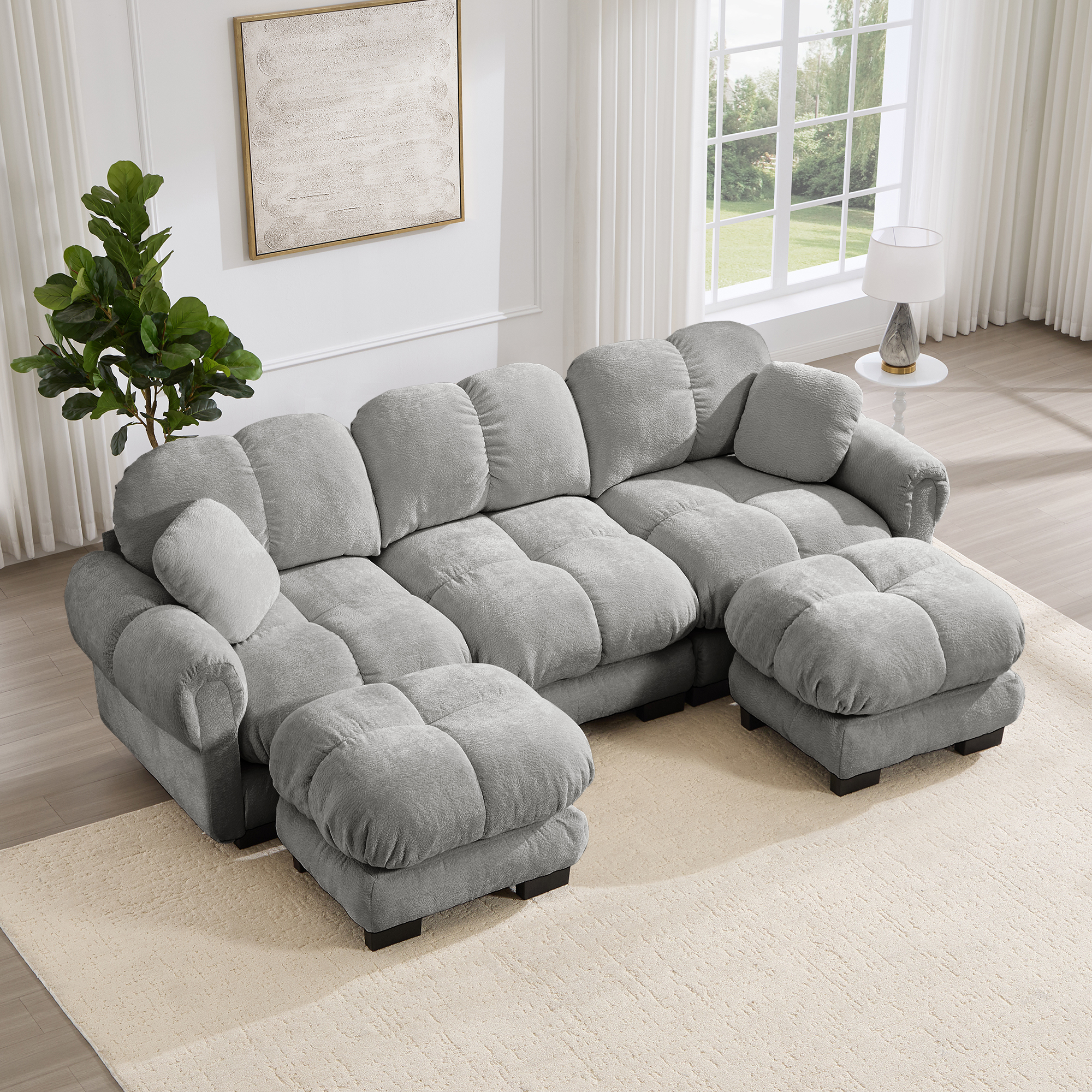 Canapé panoramique 3 places en U, revêtement Chenille gris clair, incluant ottomane mobile et coussins décoratifs pour salon moderne