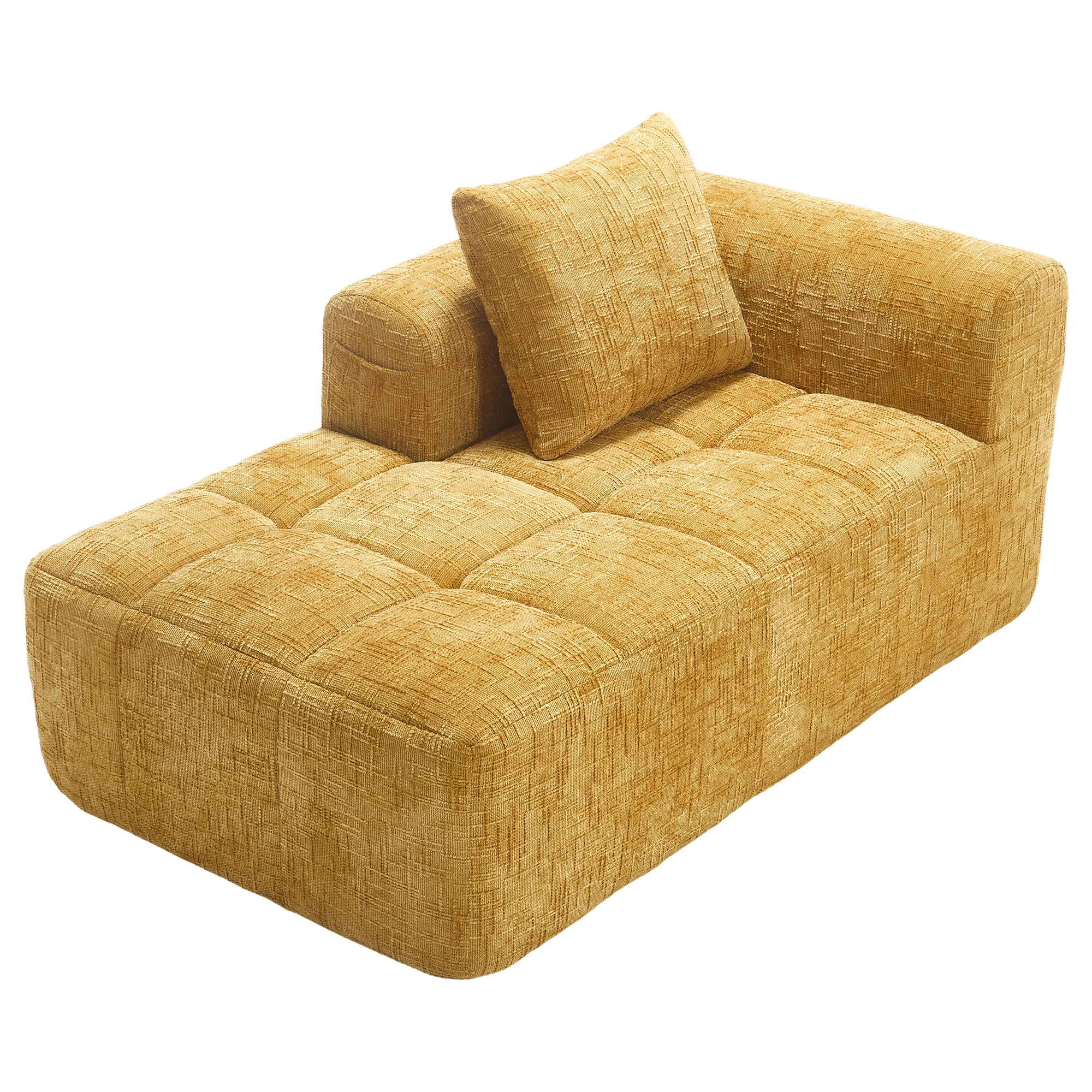 Canapé méridienne en chenille jaune, assise à retour rapide, coussin inclus et poches latérales pratiques
