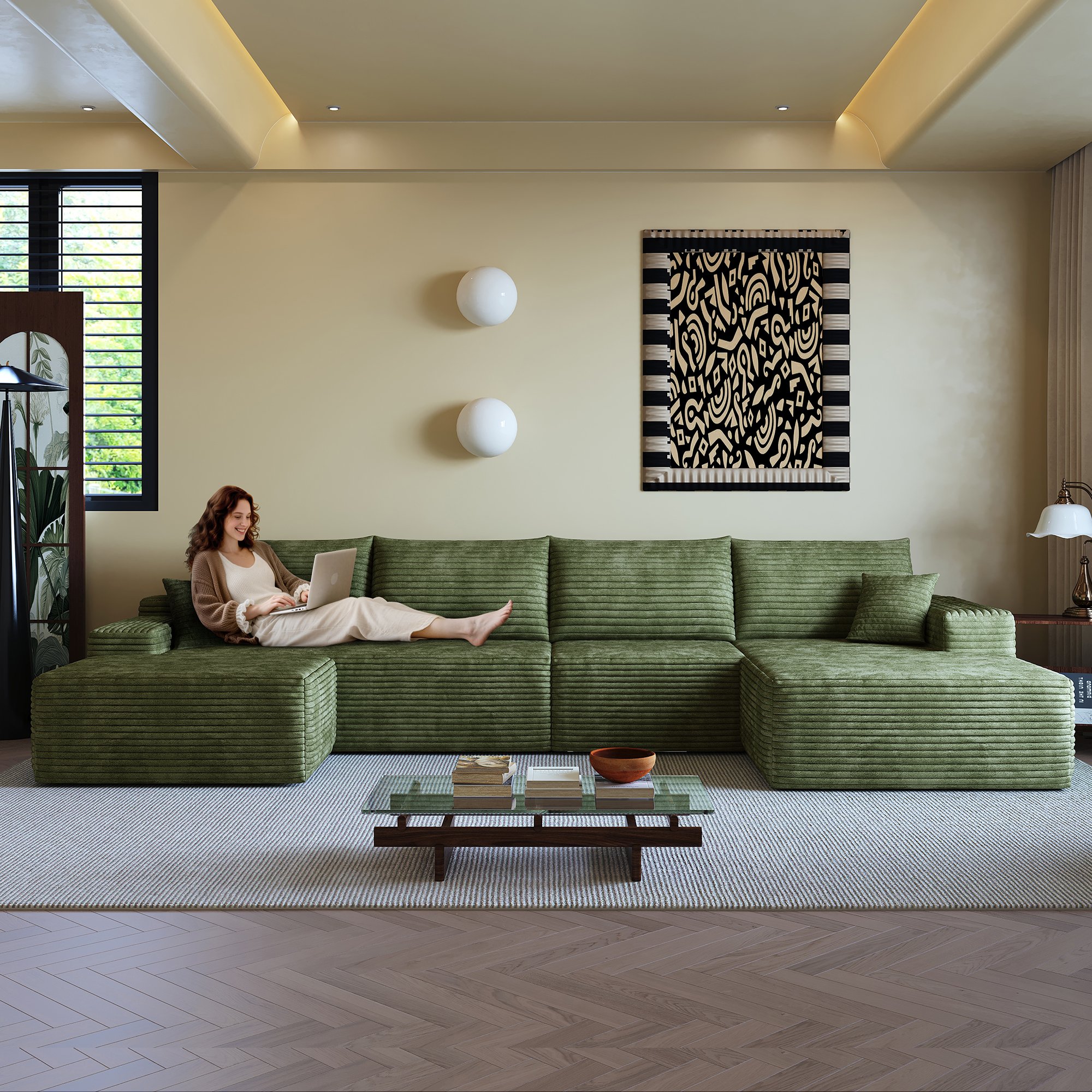 Canapé d'angle en tissu côtelé vert, structure modulaire 340x175x83 cm, rembourrage mousse souple, style moderne