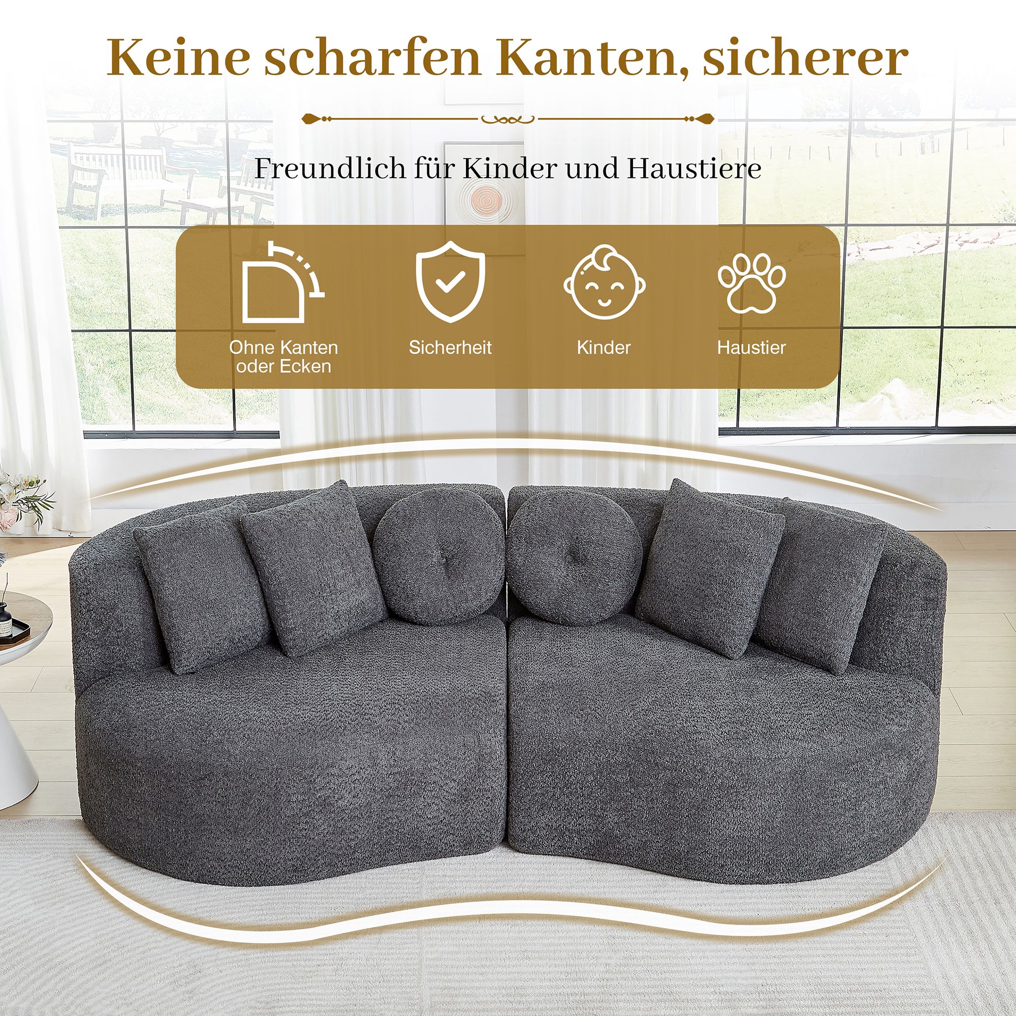 Canapé modulable 2 places en chenille anthracite sans accoudoirs, forme haricot avec dossier continu et 6 coussins inclus