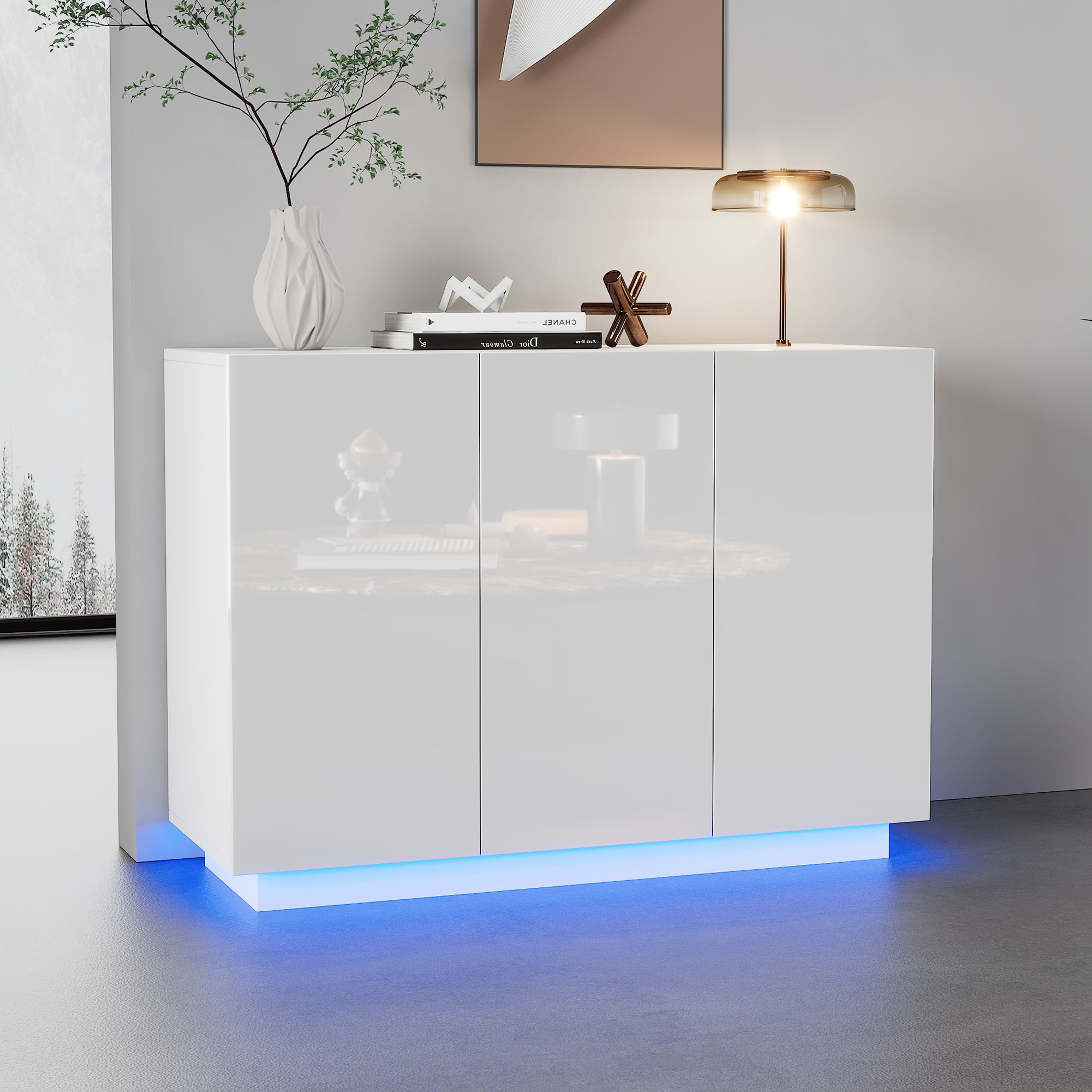 Buffet Bas Blanc 120x40x75 cm - Meuble Rangement Cuisine avec 3 Portes Haut Gloss et Étagères Intérieures
