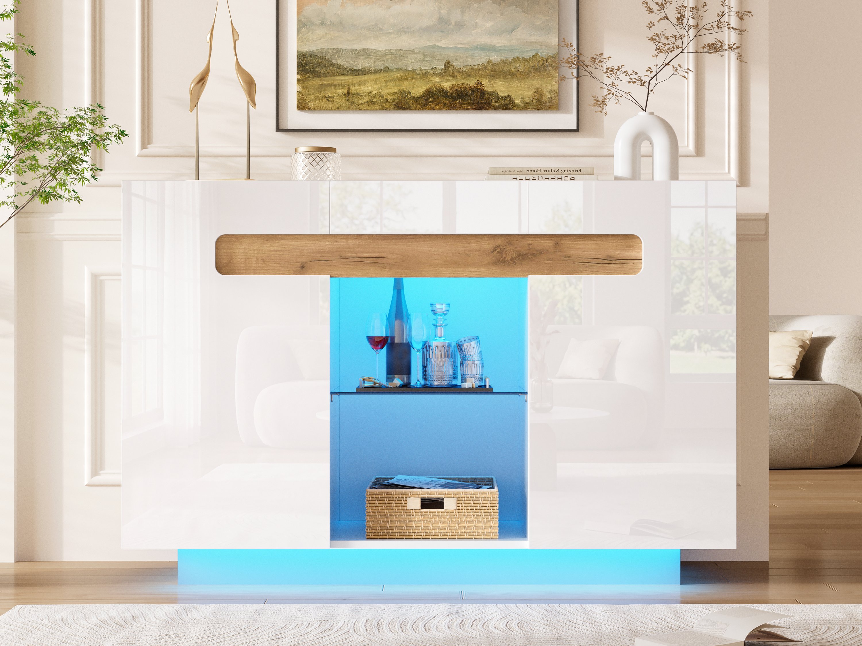 Buffet Contemporain Blanc et Bois Naturel 120x40x80 cm, Meuble TV avec LED Couleur Modifiable App et Étagères en Verre Trempé