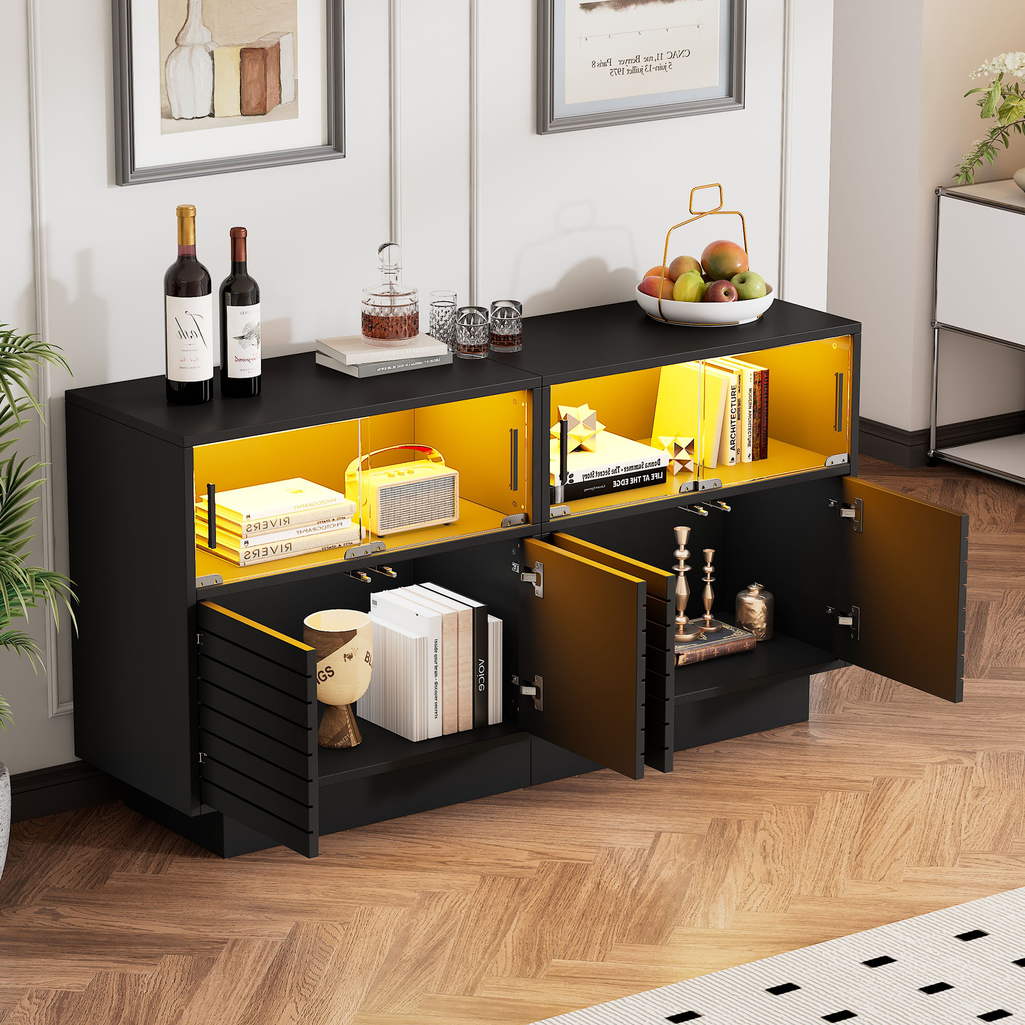 Buffet Noir 130x35x68 cm avec Éclairage LED Intégré et 4 Portes Vitres Coulissantes à Amortisseur Panneau de Particules