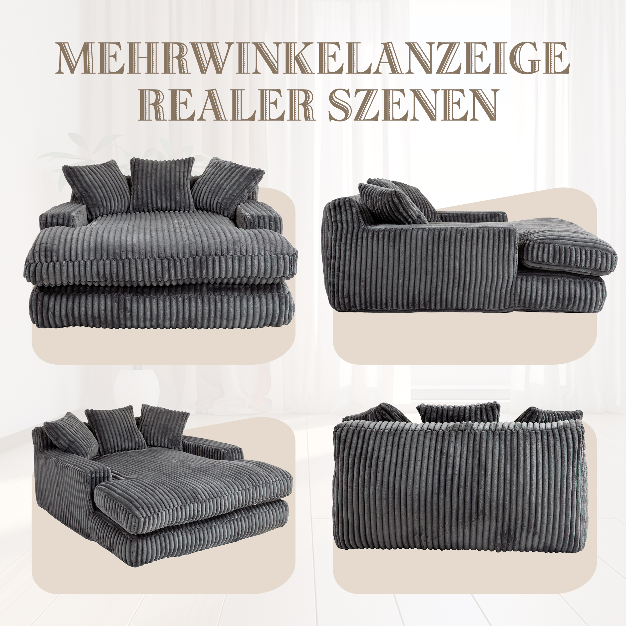 Canapé 1 place en velours côtelé gris foncé avec 3 coussins et mousse haute densité, 125x155x63 cm