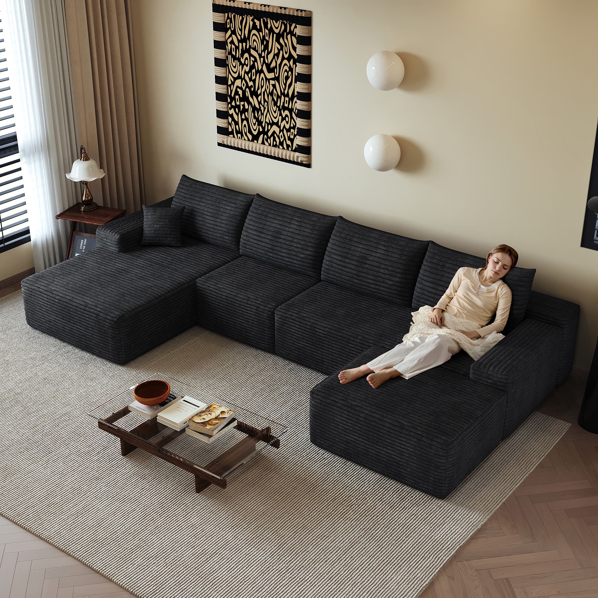 Canapé d'angle noir 340x175cm en velours côtelé, structure modulaire sans montage avec chaise longue profonde pour salon moderne