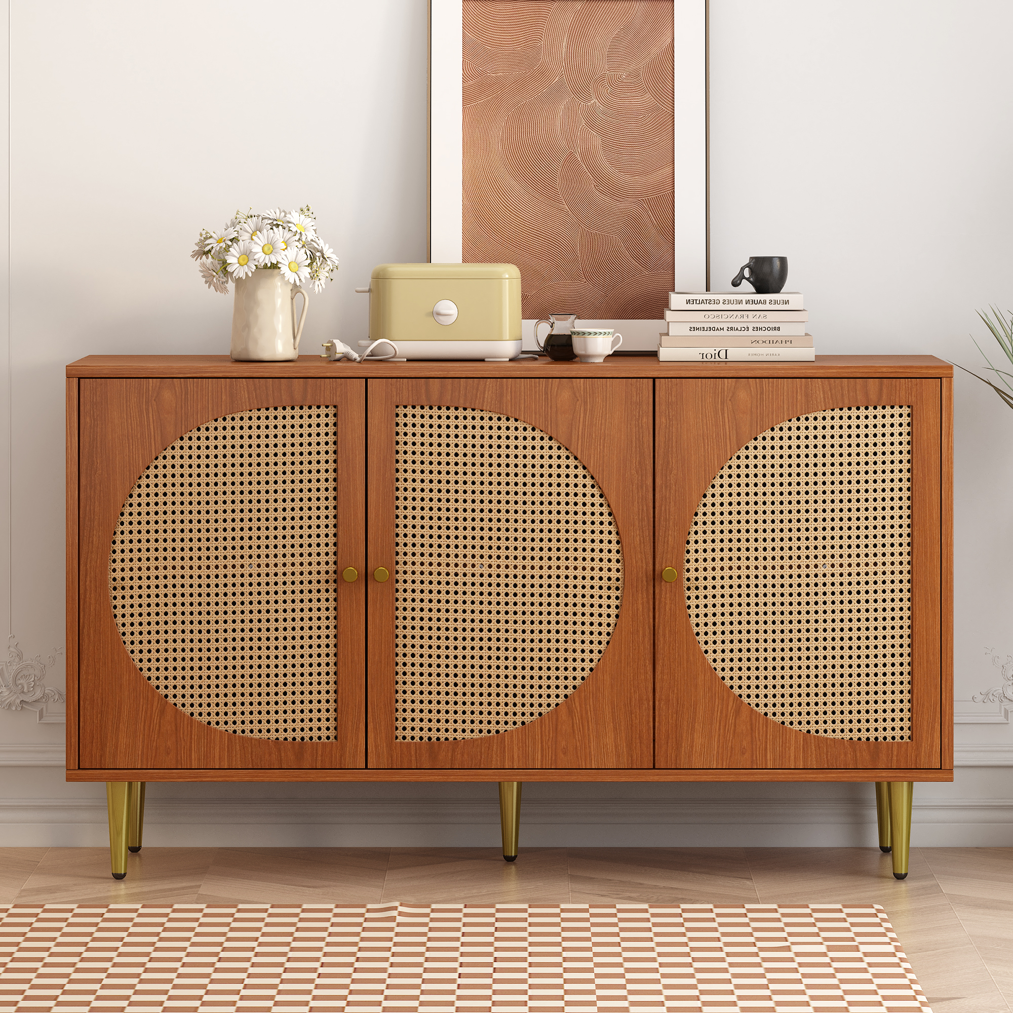 Buffet Haut 3 Portes Rotin 129.8x40x76 cm Meuble Rangement Étagères Réglables Poignées Métal Panneaux Particules Noyer