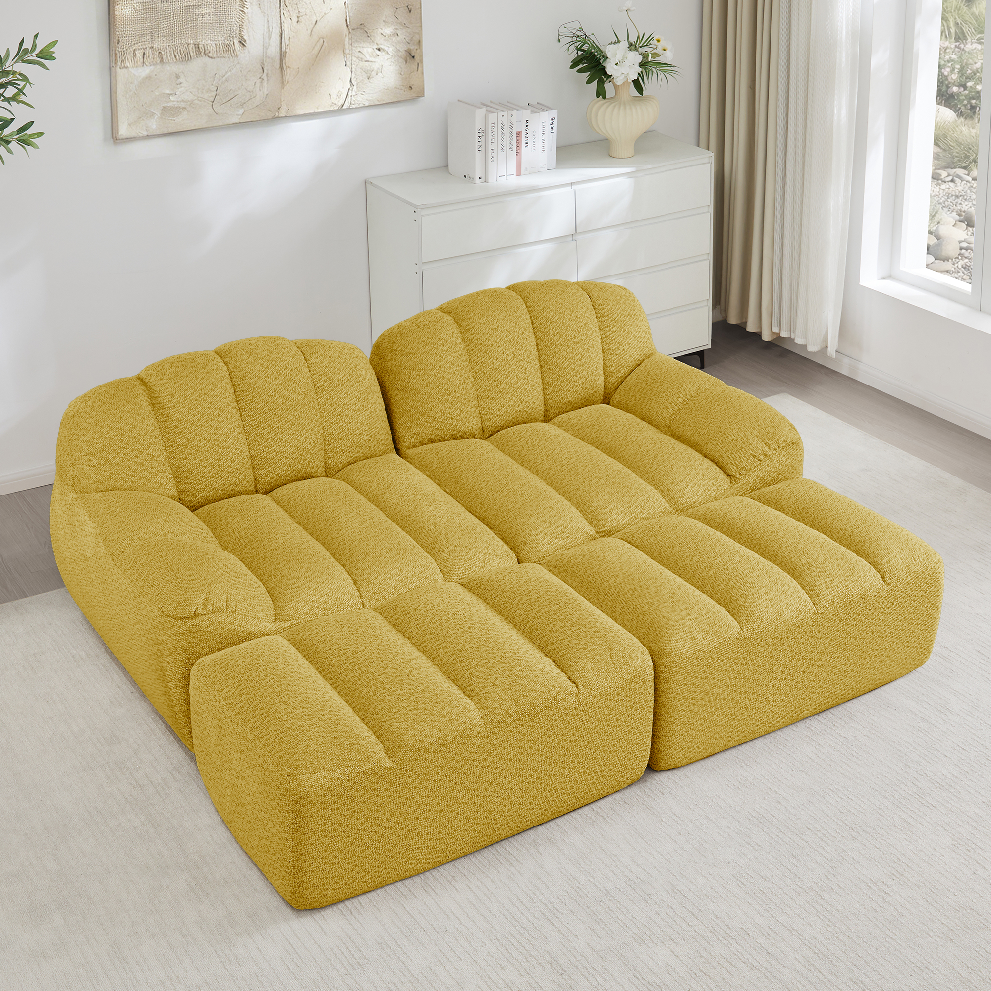 Canapé Modulable 2 Places avec Rangement Intégré et Ottomans, Design Sans Dossier Ergonomique Antidérapant pour Salon Moderne