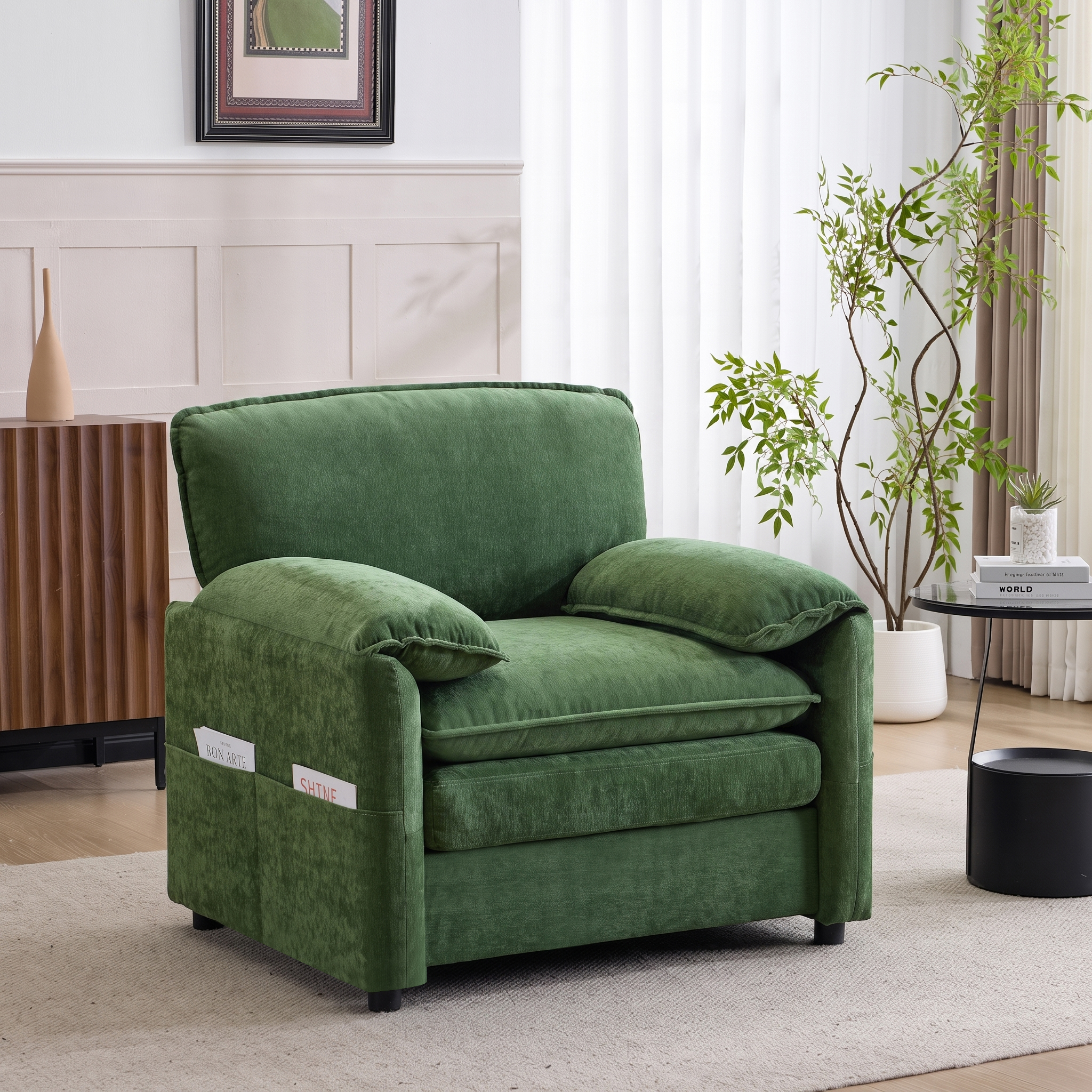 Fauteuil chenille vert foncé style rétro avec rangement intégré, assise ergonomique haute élasticité pour petit espace salon