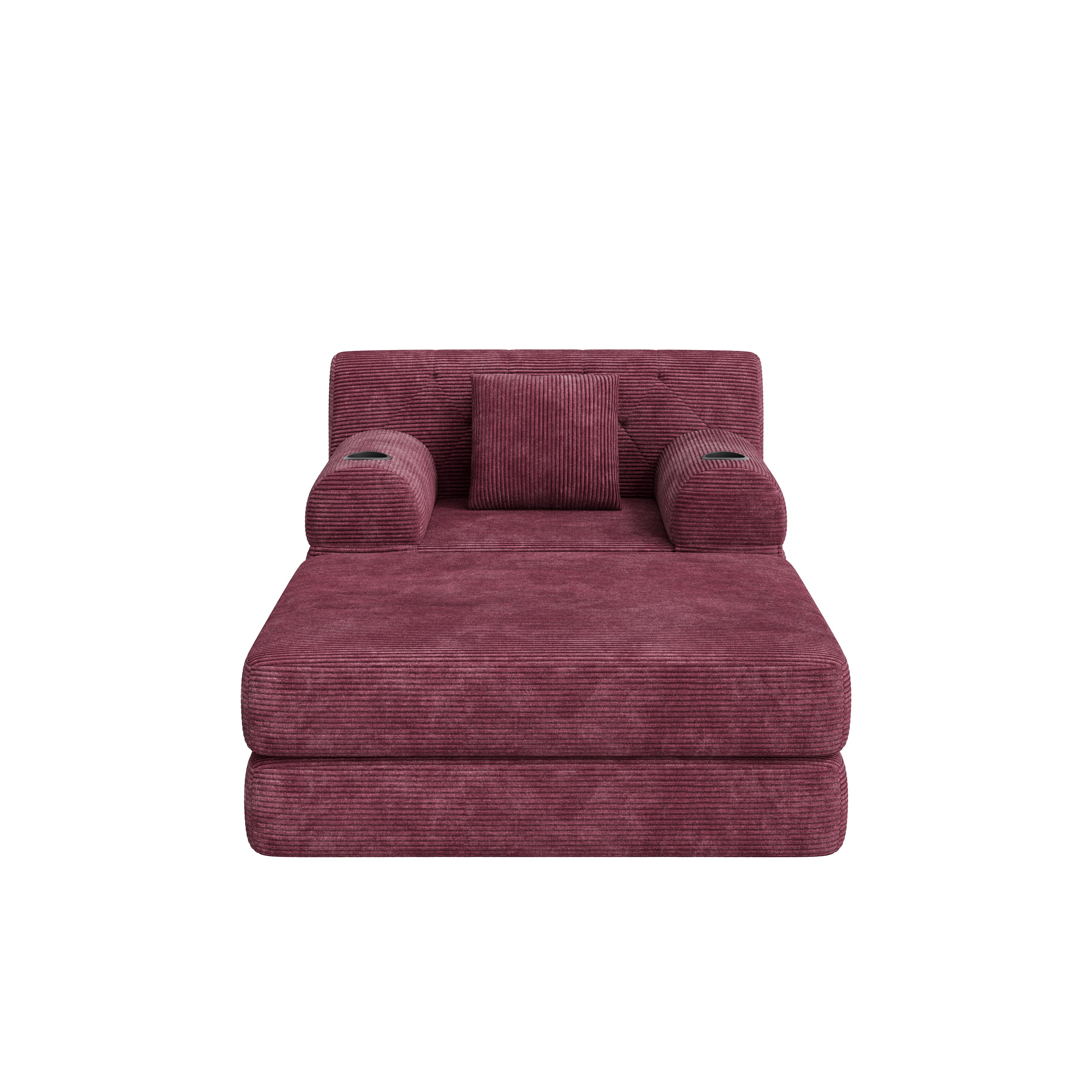Canapé-lit une place en corduroy rouge vin avec fonction sommeil, cadre métallique, mousse haute densité, 2 porte-gobelets et 4 poches de rangement, sans montage requis
