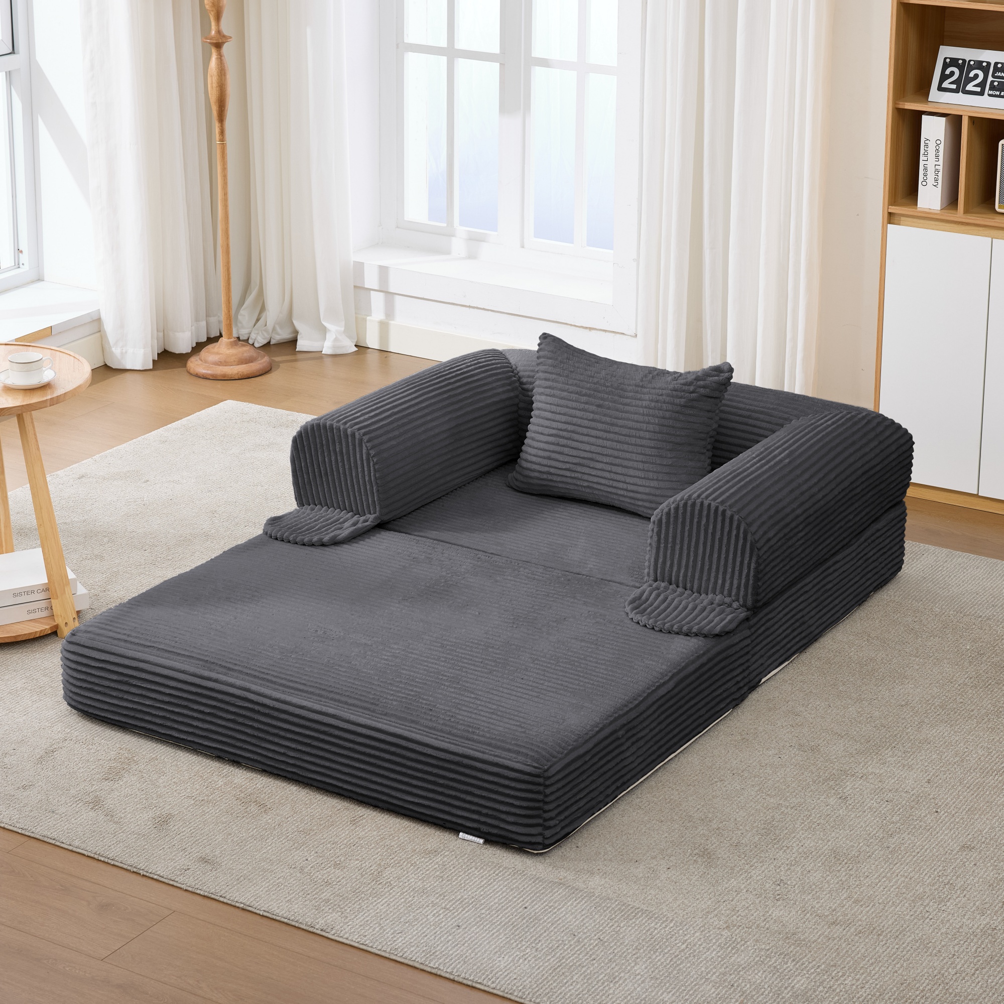 Fauteuil Convertible Lit Simple Gris, Canapé Suspendu Velours Côtelé Compact pour Salon et Chambre d'Amis