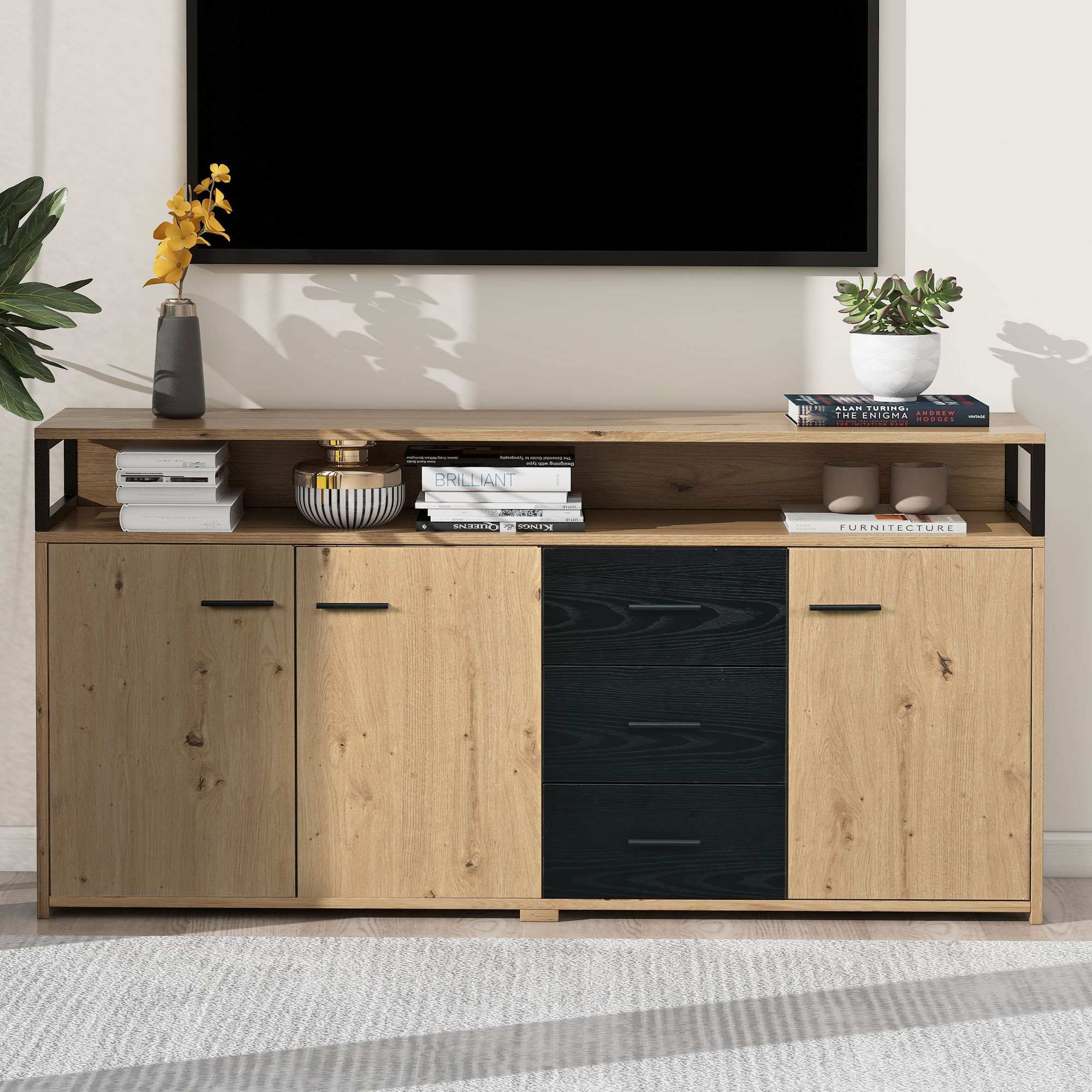 Buffet de cuisine en panneaux de particules avec poignées métalliques, Structure robuste 150x35x75,9 cm noir