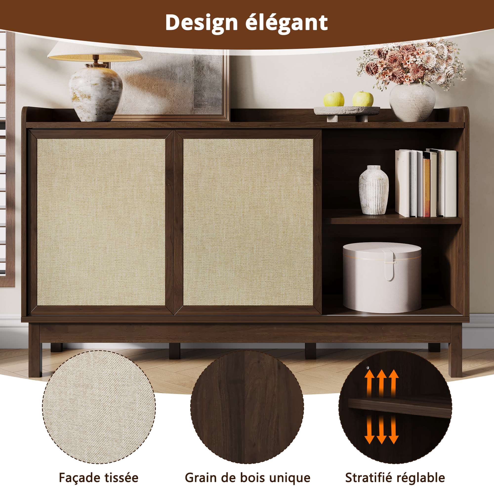 Buffet Entrée Contemporain Design Sans Poignées 2 Tiroirs Central Portes Latérales Rangement Ajustable