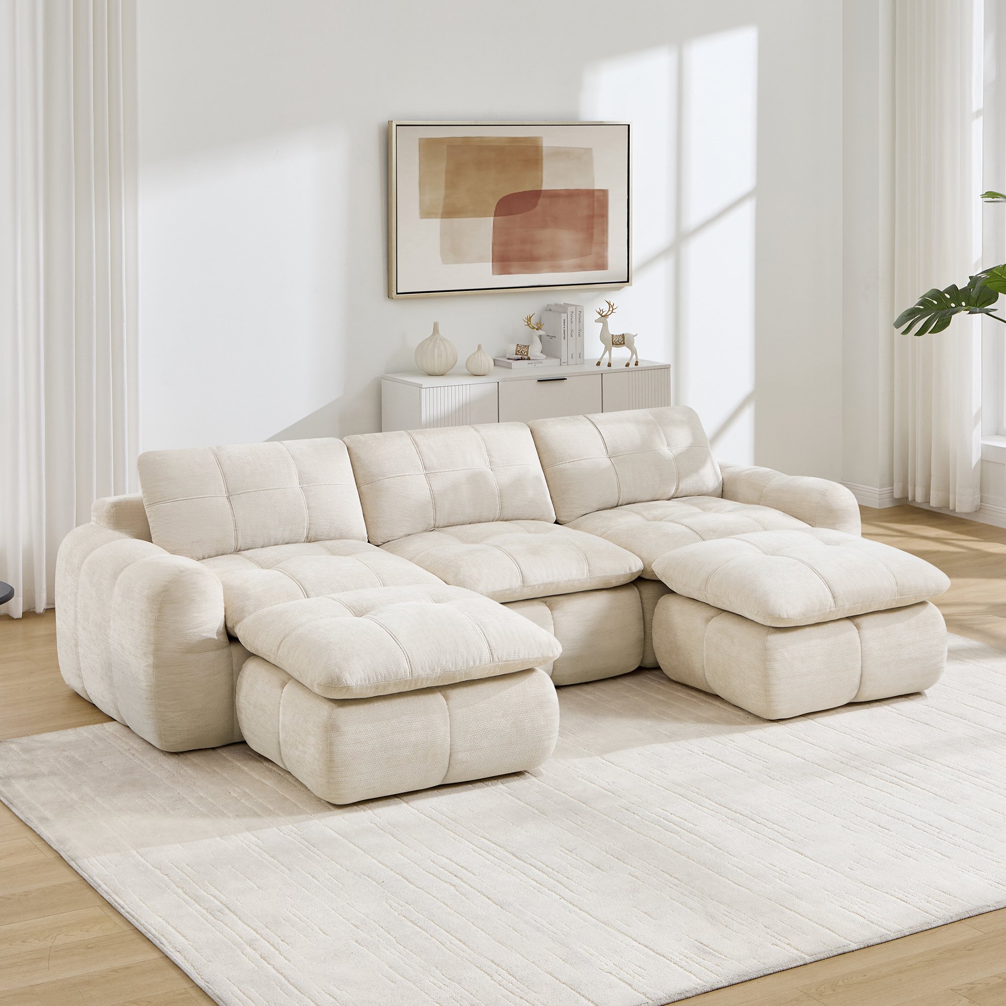 Canapé modulable 3 places en chenille beige, structure sans cadre avec 2 ottomans, mousse 32D haute densité, idéal salon et appartement