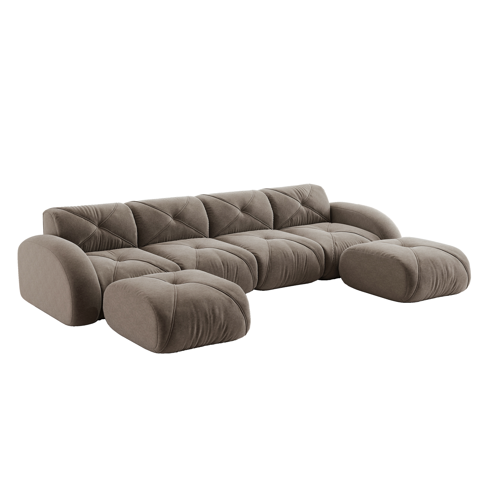 Canapé modulable panoramique 4 places en tissu Chenille taupe, design sans dossier avec 2 poufs, idéal salon moderne