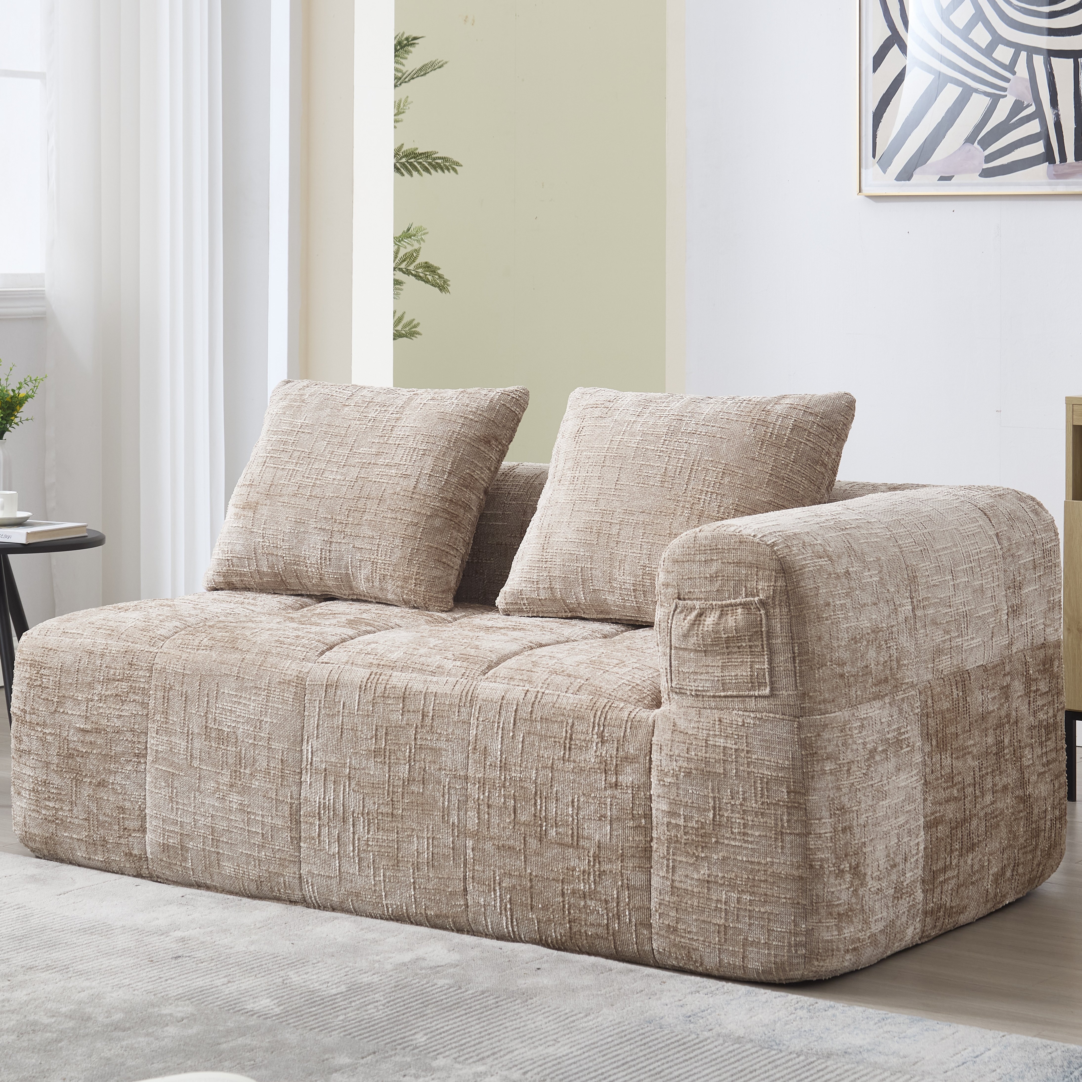 Canapé 2 places avec coussin inclus, poches latérales et assise à ressort rapide, couleur kaki, sans montage