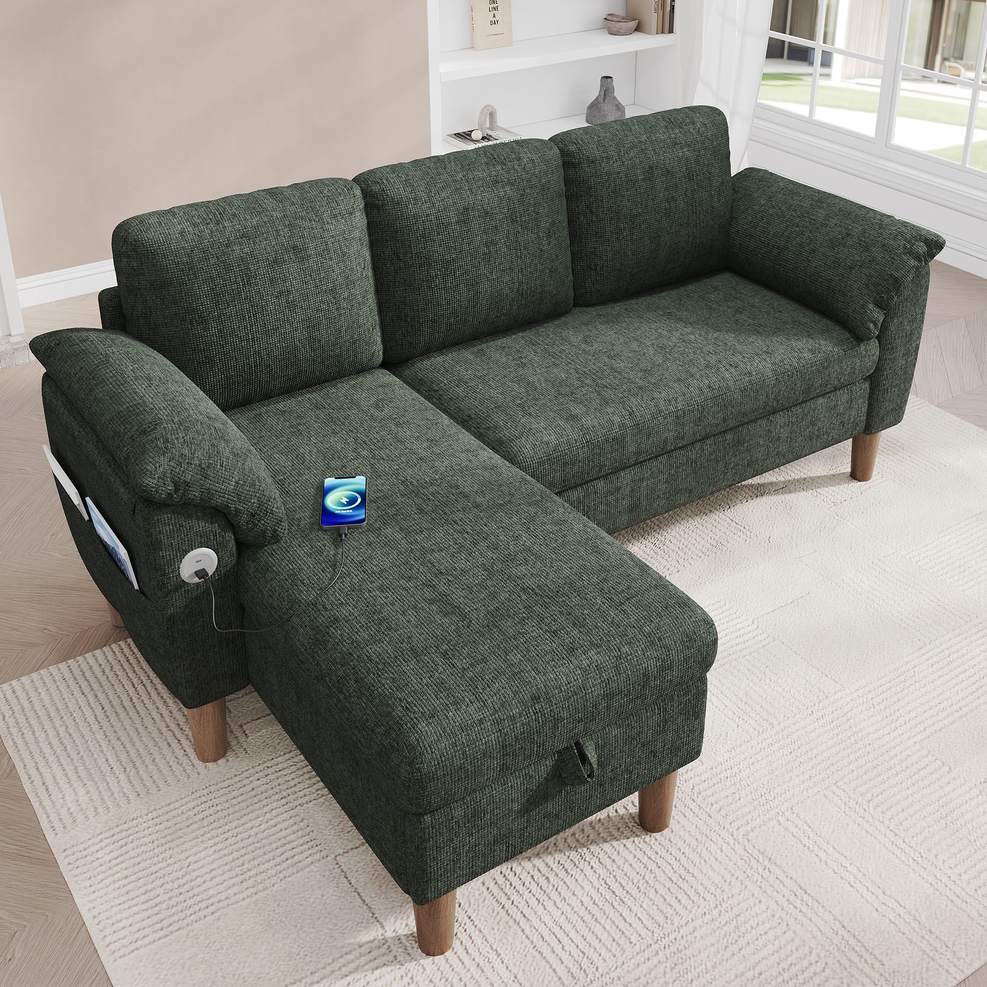 Canapé d'angle 3 places vert en tissu chenille avec chaise longue réversible, rangements intégrés, ports USB et Type-C, dimensions 181x125x88 cm