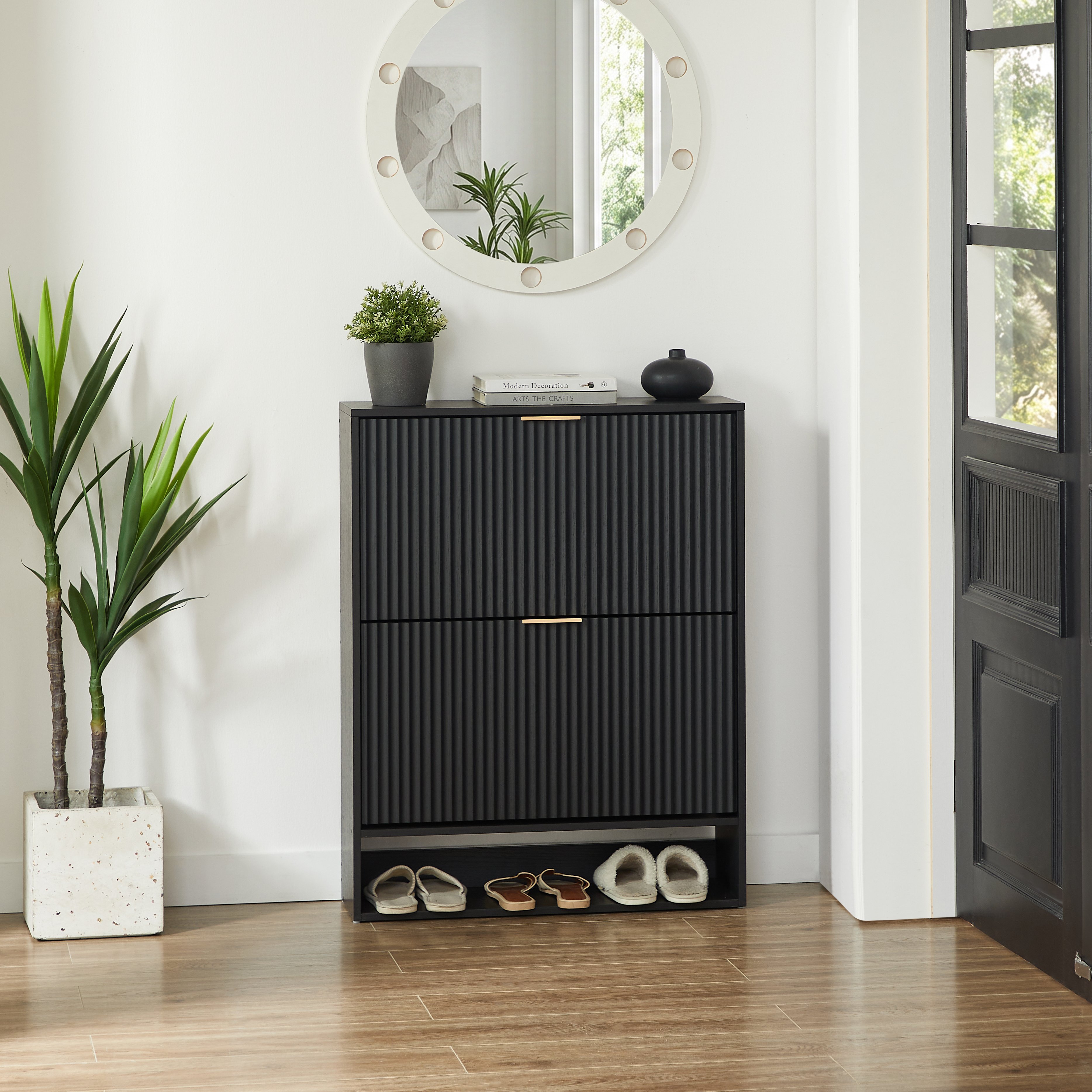 Meuble à chaussures 80x24x102 cm Noir, Placard Entrée Panneau composite de fibres de bois à densité avec Porte Abattante et Surface Déco