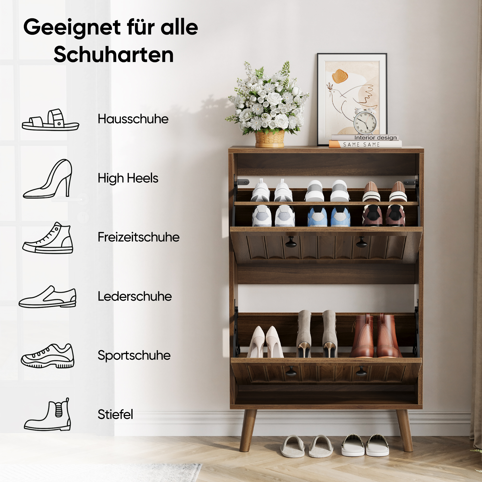 Meuble à chaussures Panneau composite de fibres de bois à densité et panneau de particules avec pieds bois massif, design rainuré vertical et poignées noires pour entrée