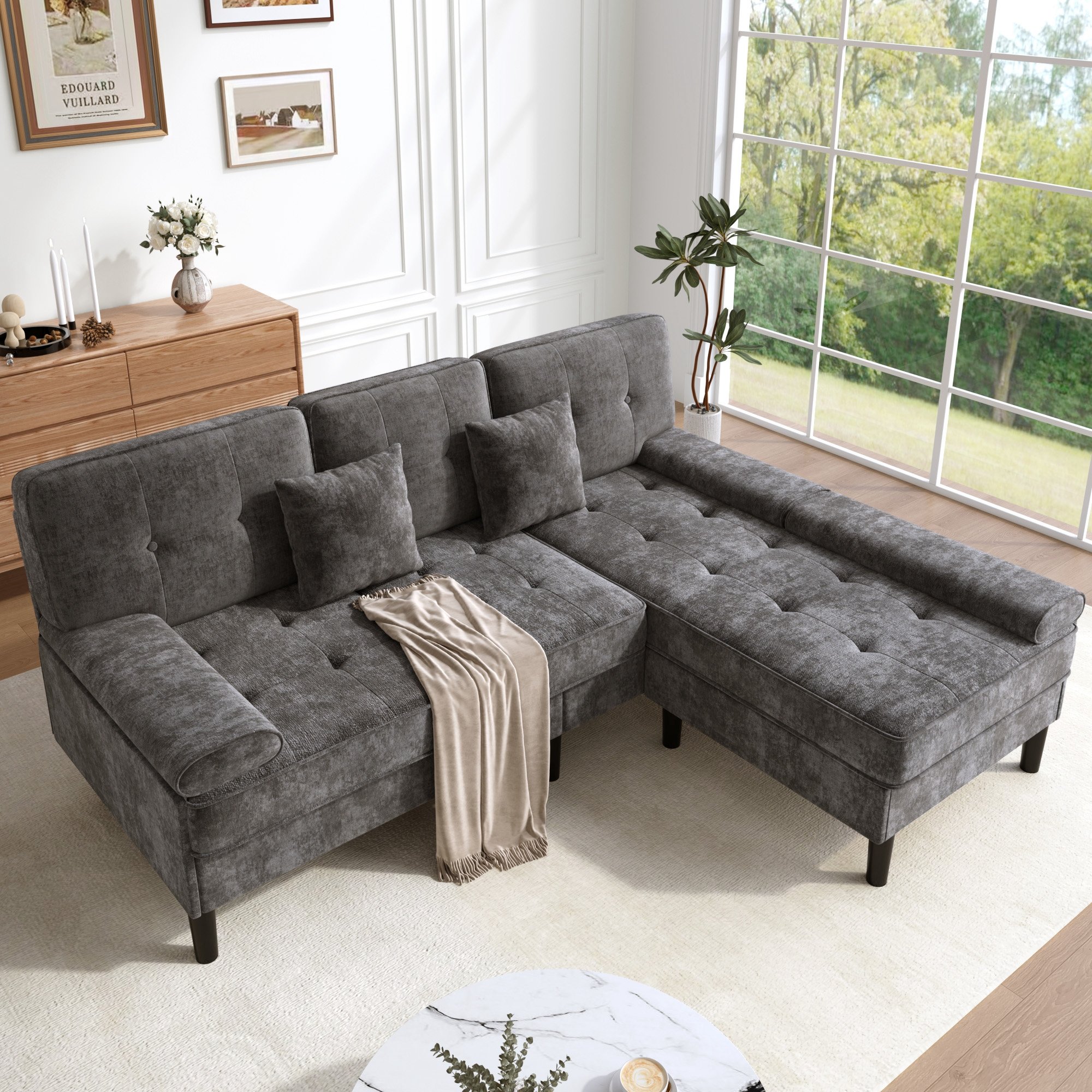 Canapé d'angle convertible 3 places en chenille gris anthracite avec pouf amovible et fonction lit pour petit appartement
