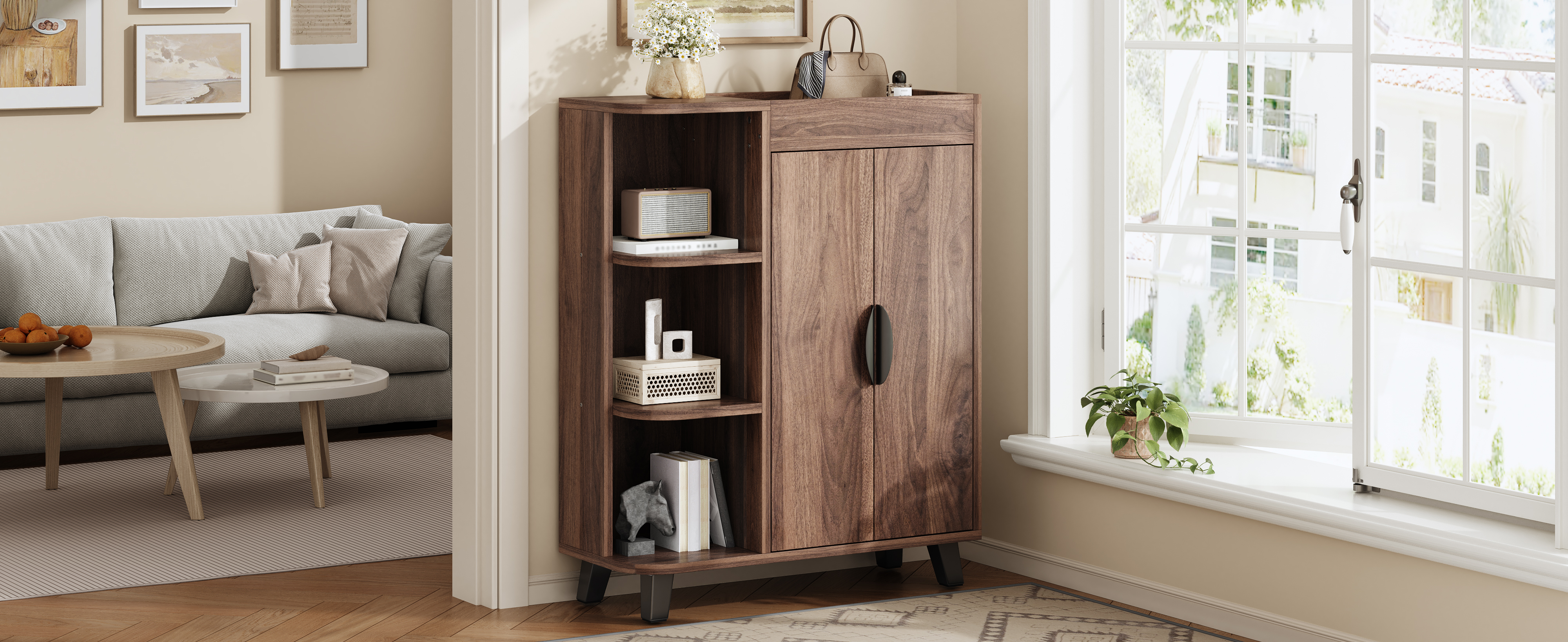 Meuble à chaussures étroit 80x32x99 cm, Meuble de rangement entrée avec portes abattantes et étagères ouvertes, Design Noyer