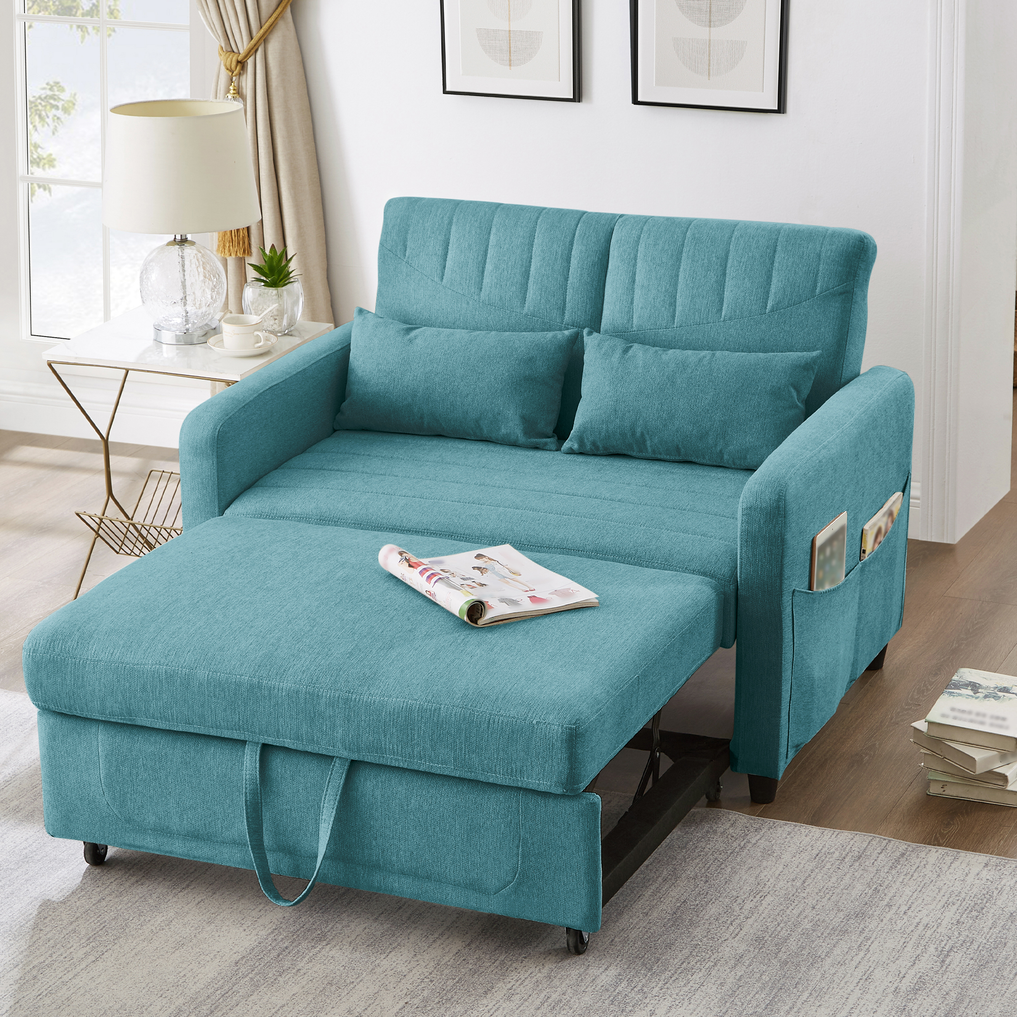 Canapé Convertible 2 Places Extensible Design Contemporain Bleu Antique Tissu Lin Coton Dossier Réglable