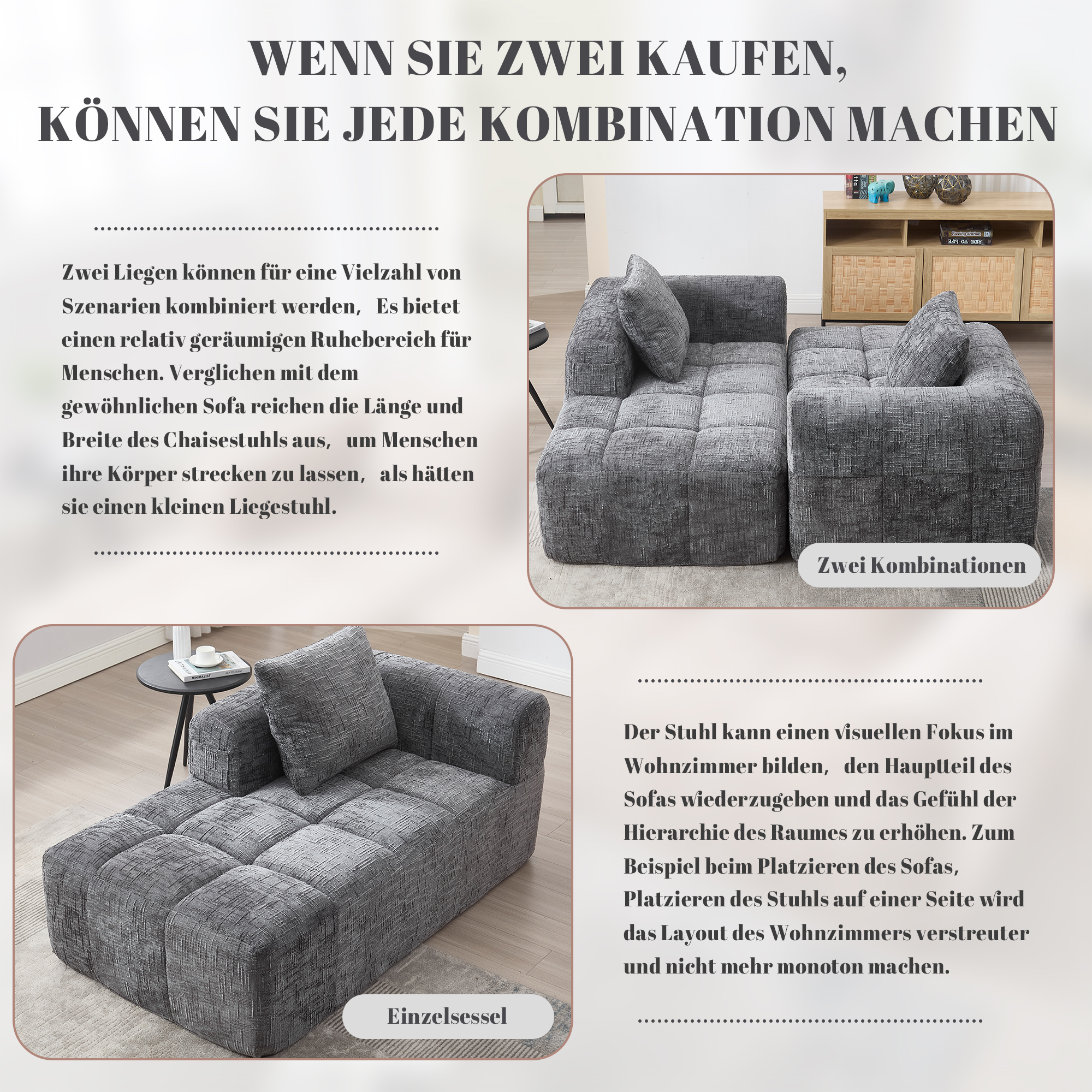 Canapé 2 places avec méridienne, poches latérales et coussin inclus, sans montage, en chenille gris