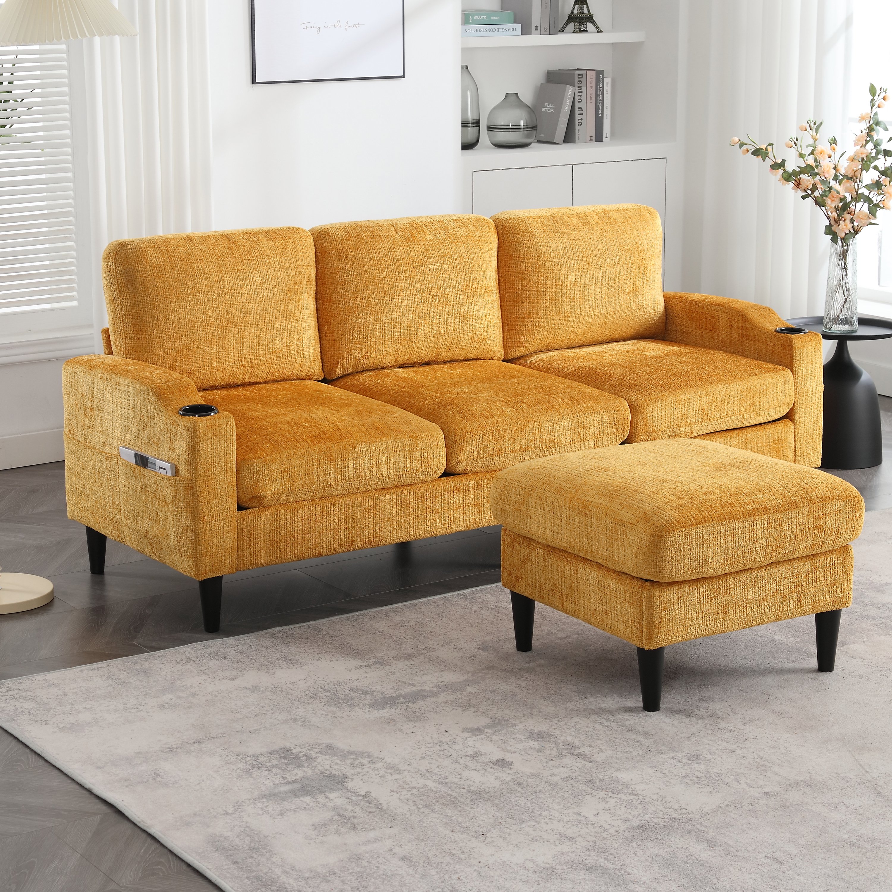 Canapé 4 places en chenille jaune avec hocker et rangement intégré, accoudoirs et porte-gobelets