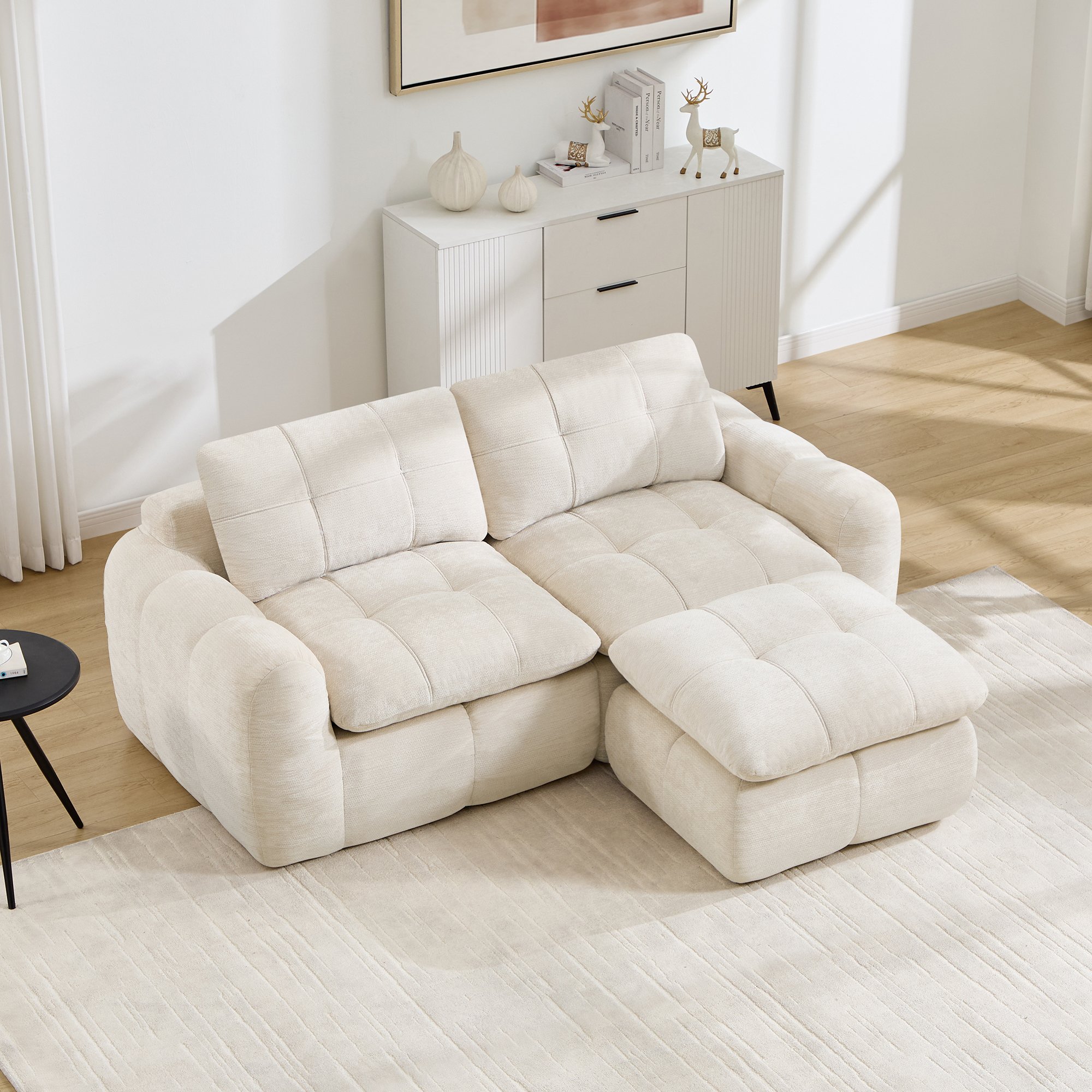 Canapé 2 places 194x160x68 cm, format L sans cadre, revêtement chenille beige, capacité 550 kg, livré en 3 colis, prêt à l'emploi