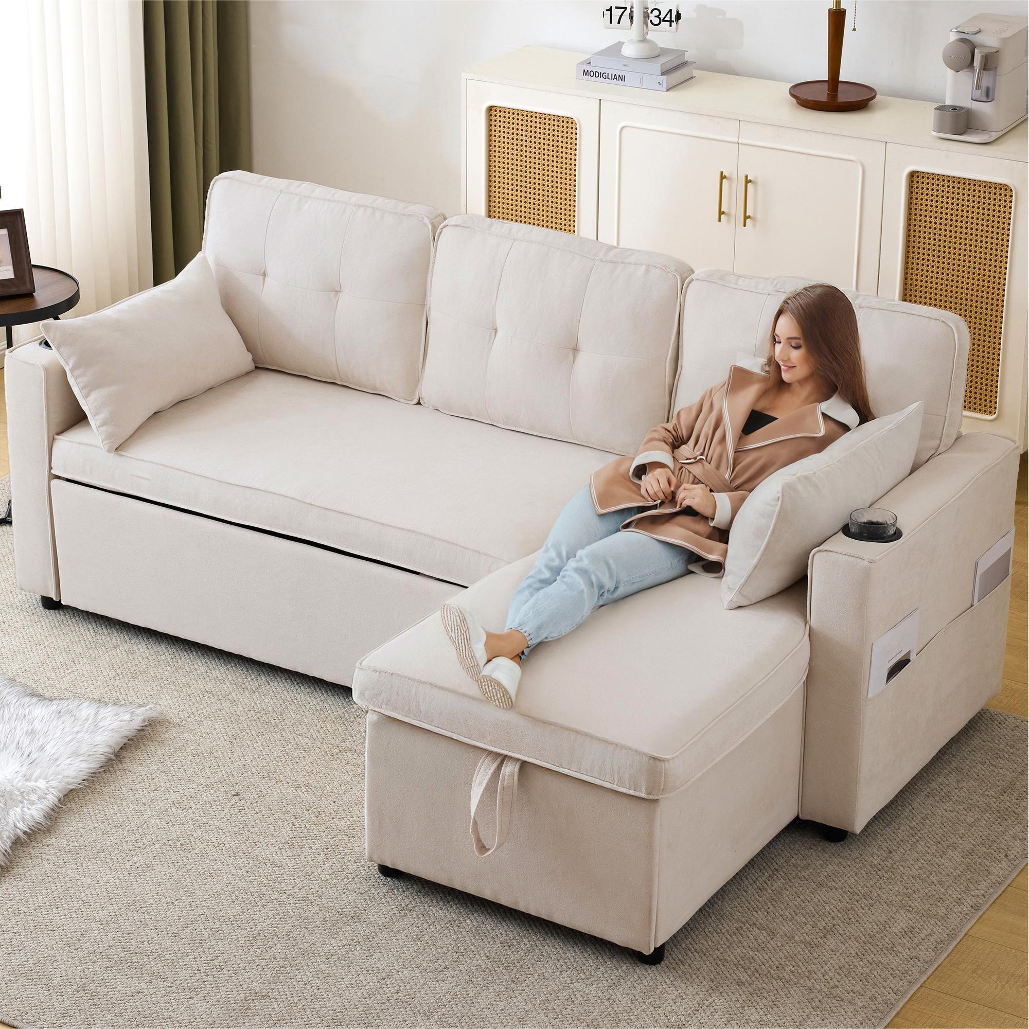 Canapé convertible 3 places beige en tissu aspect lin avec structure en bois massif et coffre