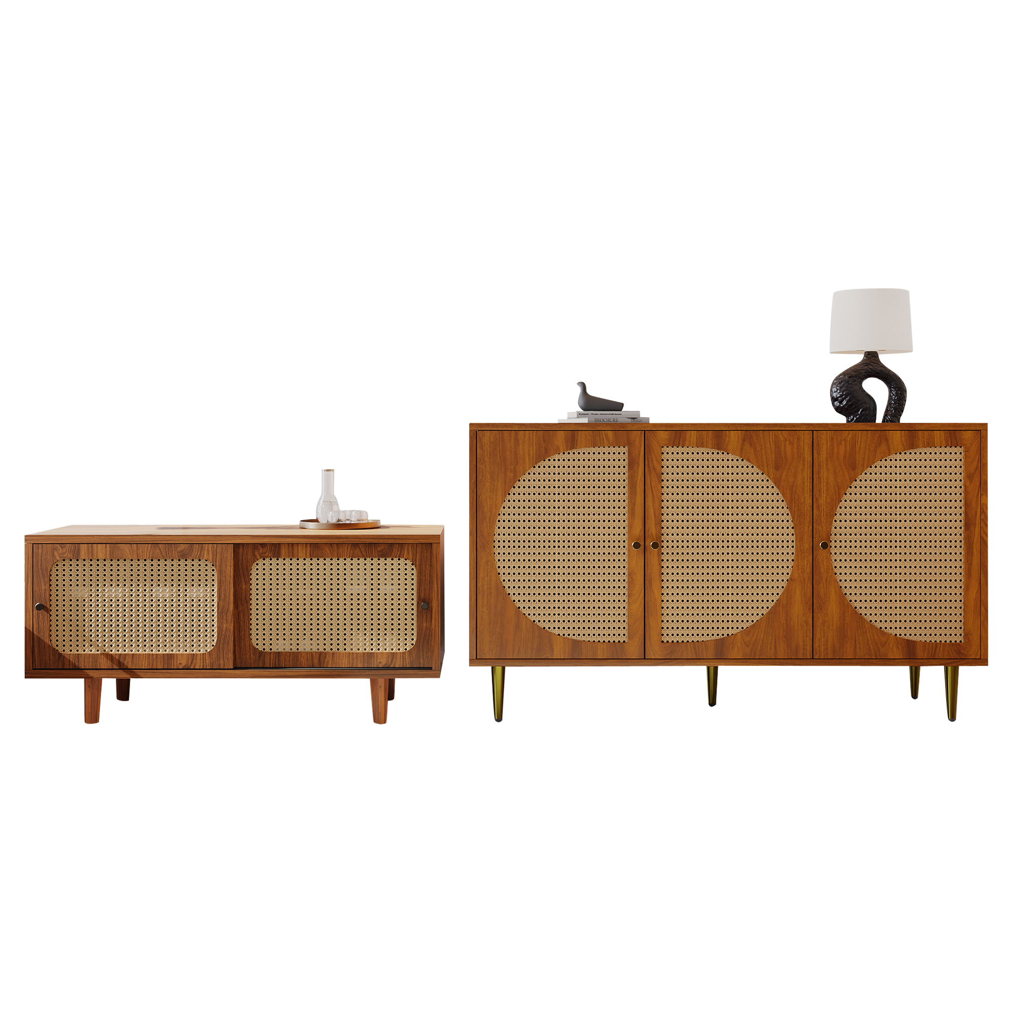 Meuble à chaussures Buffet Salon Rattan Couleur Noyer avec Portes Coulissantes et Panneaux de Particules pour Rangement