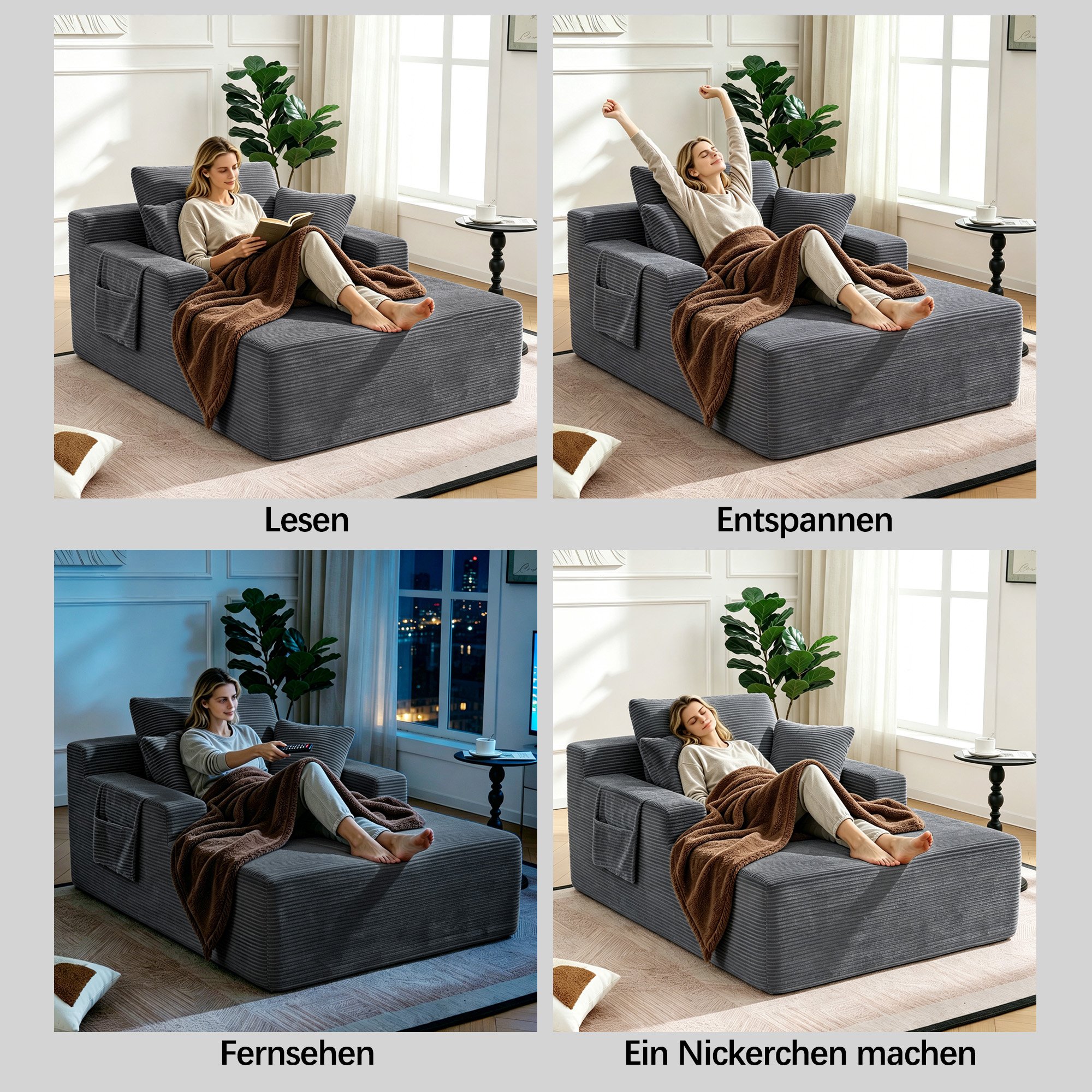 Canapé droit en velours côtelé gris foncé, sans montage requis, avec poches latérales pour télécommande et coussins inclus, style moderne et compact.