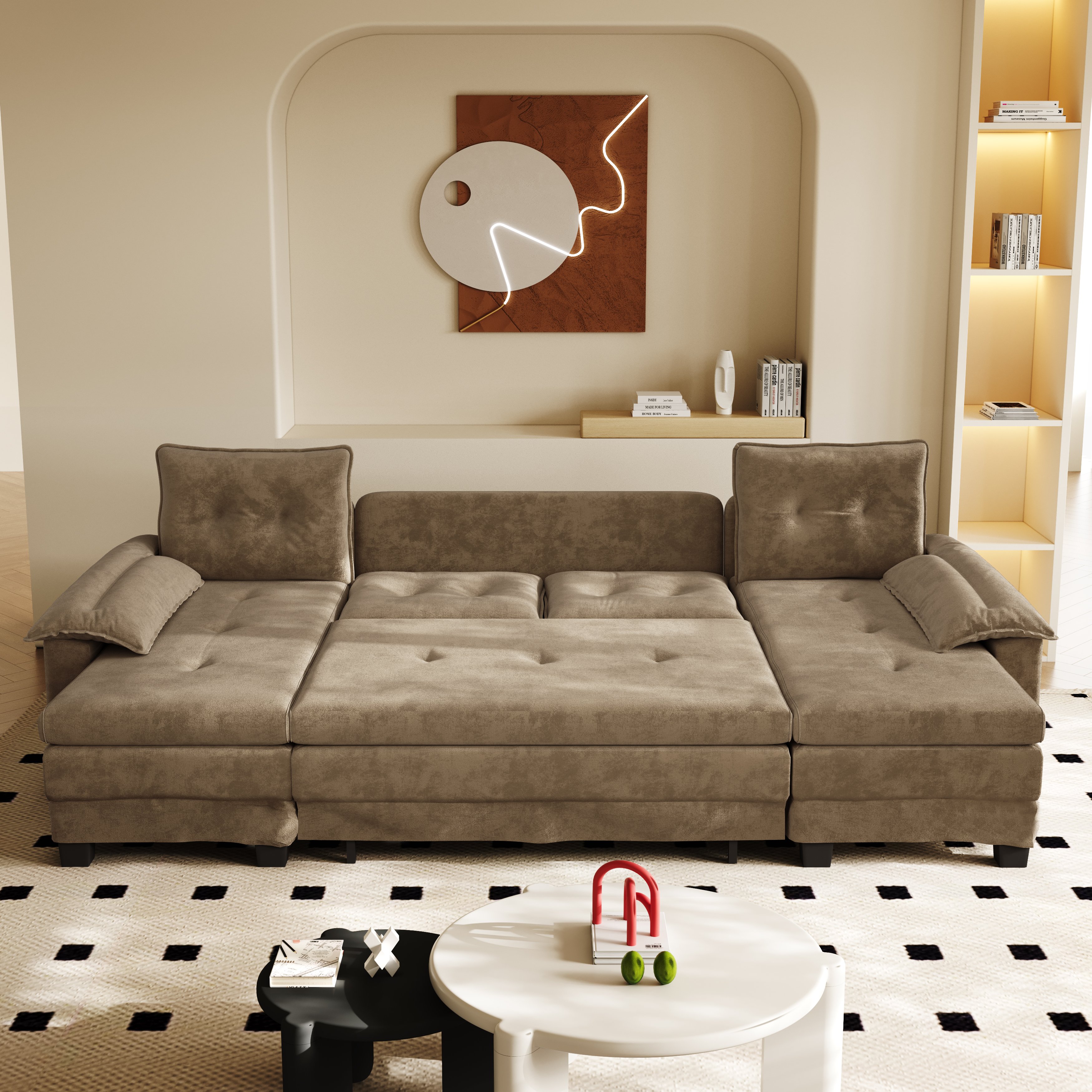 Fauteuil Panoramique en Chenille Khaki, Canapé Salon Moderne à Structure Modulaire et Chargeur USB Intégré