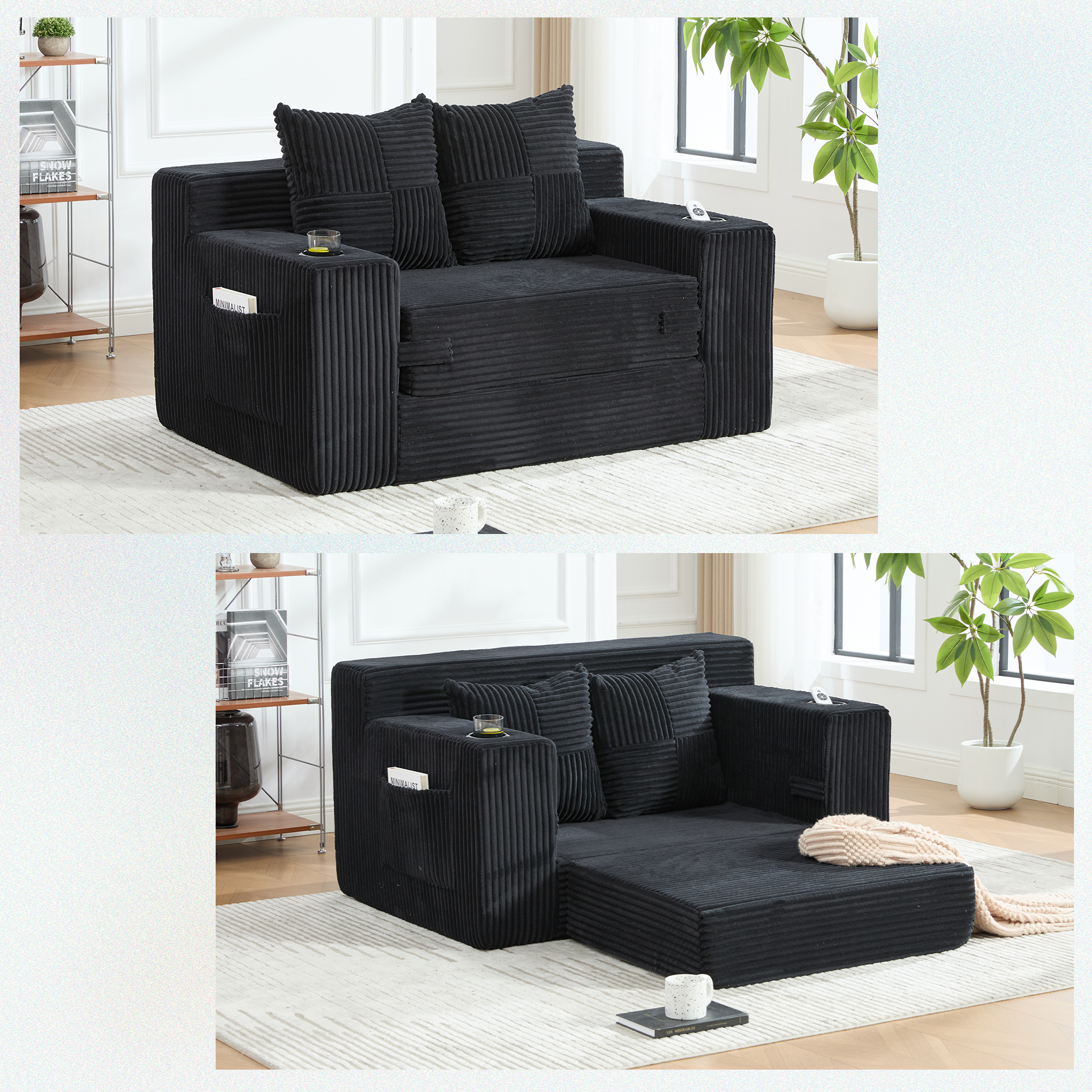Canapé Droit Noir Avec Rangement Latéral Intégré Pour Livres Et Coussins Confortables Design Moderne Salon Contemporain