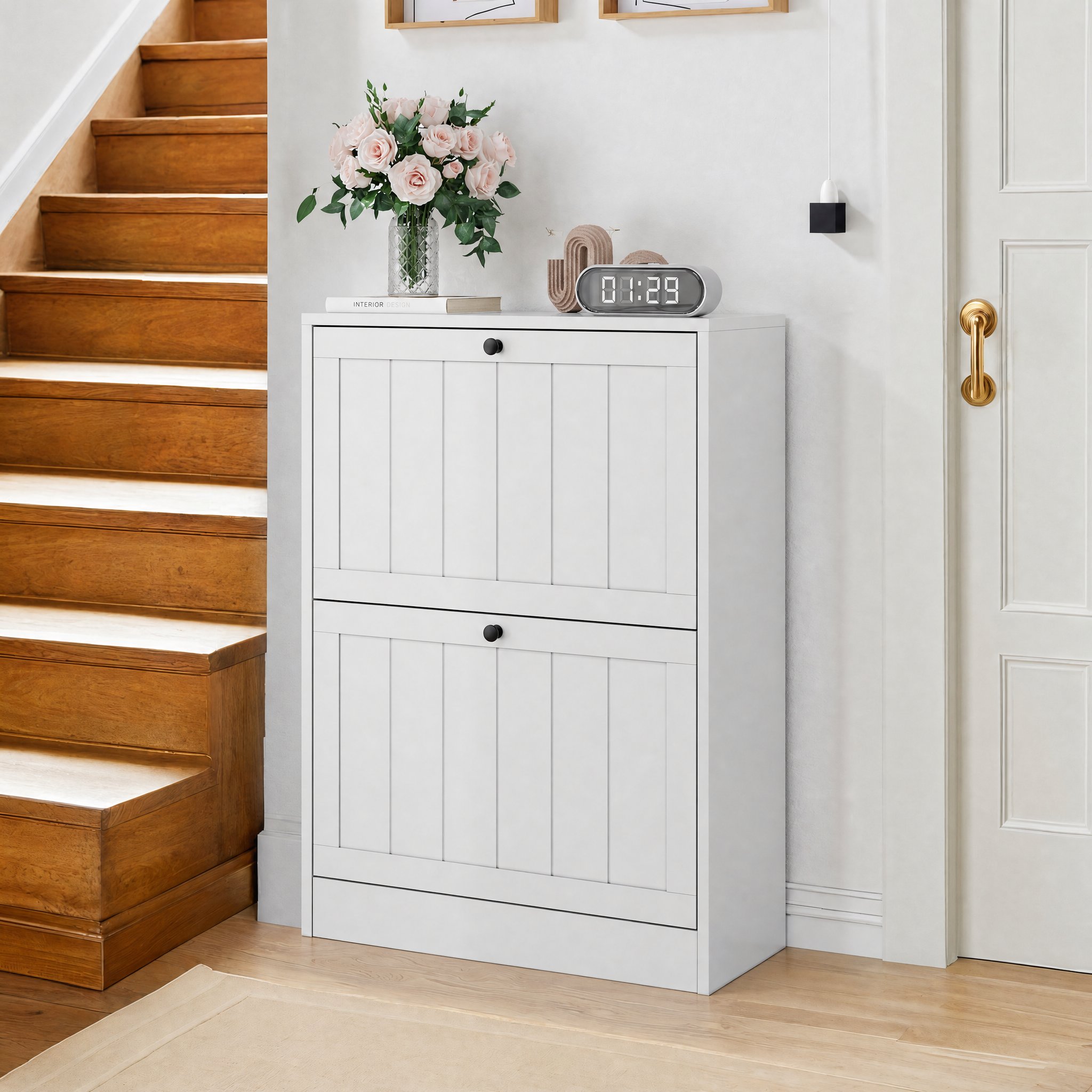 Meuble à chaussures blanc 60x24x80 cm, Armoire entrée avec portes et tiroir, Design moderne Panneau composite de fibres de bois à densité