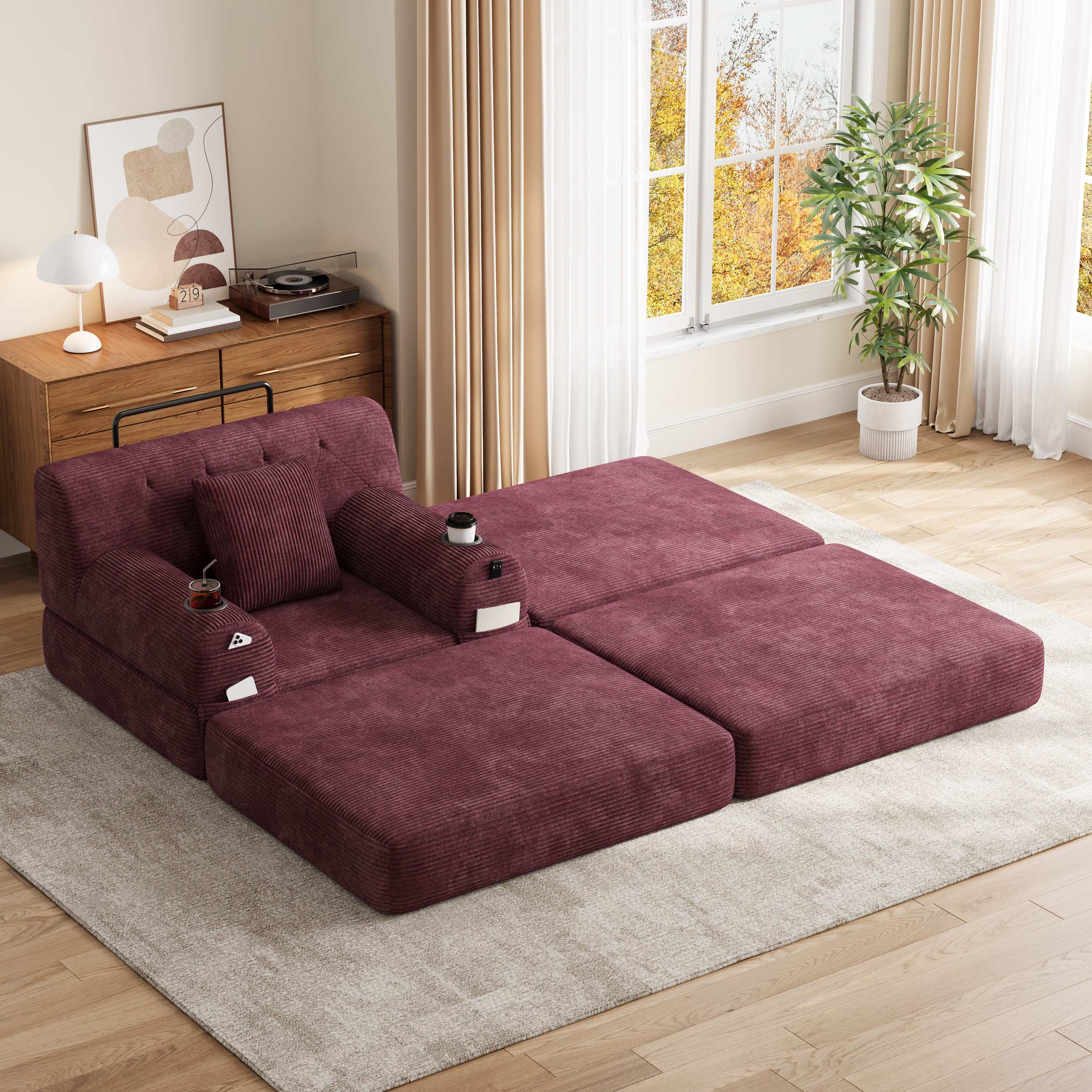 Canapé-lit une place en corduroy rouge vin avec fonction sommeil, cadre métallique, mousse haute densité, 2 porte-gobelets et 4 poches de rangement, sans montage requis