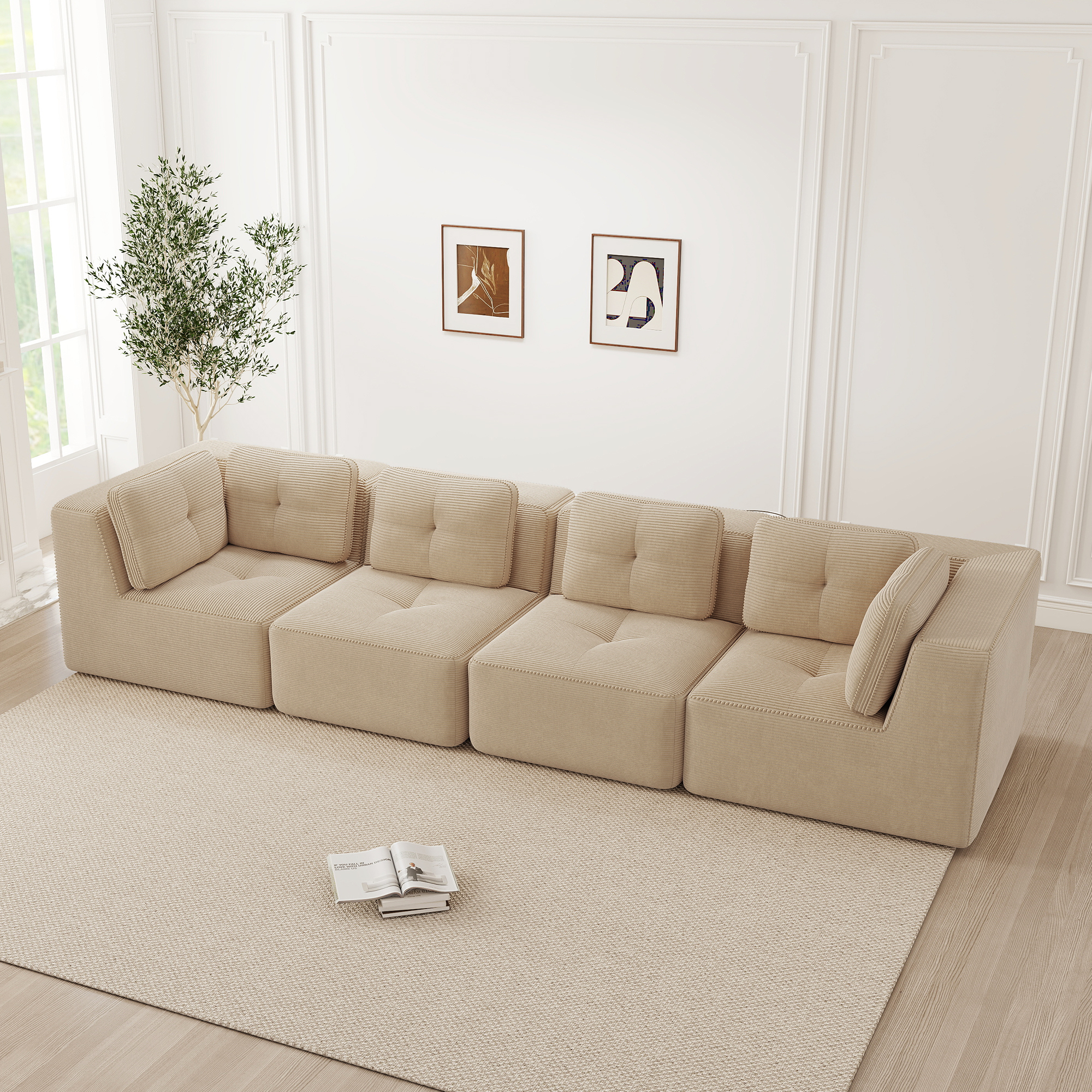 Canapé d'angle modulable 4 places, canapé d'angle beige en velours côtelé avec pieds antidérapants et structure stable
