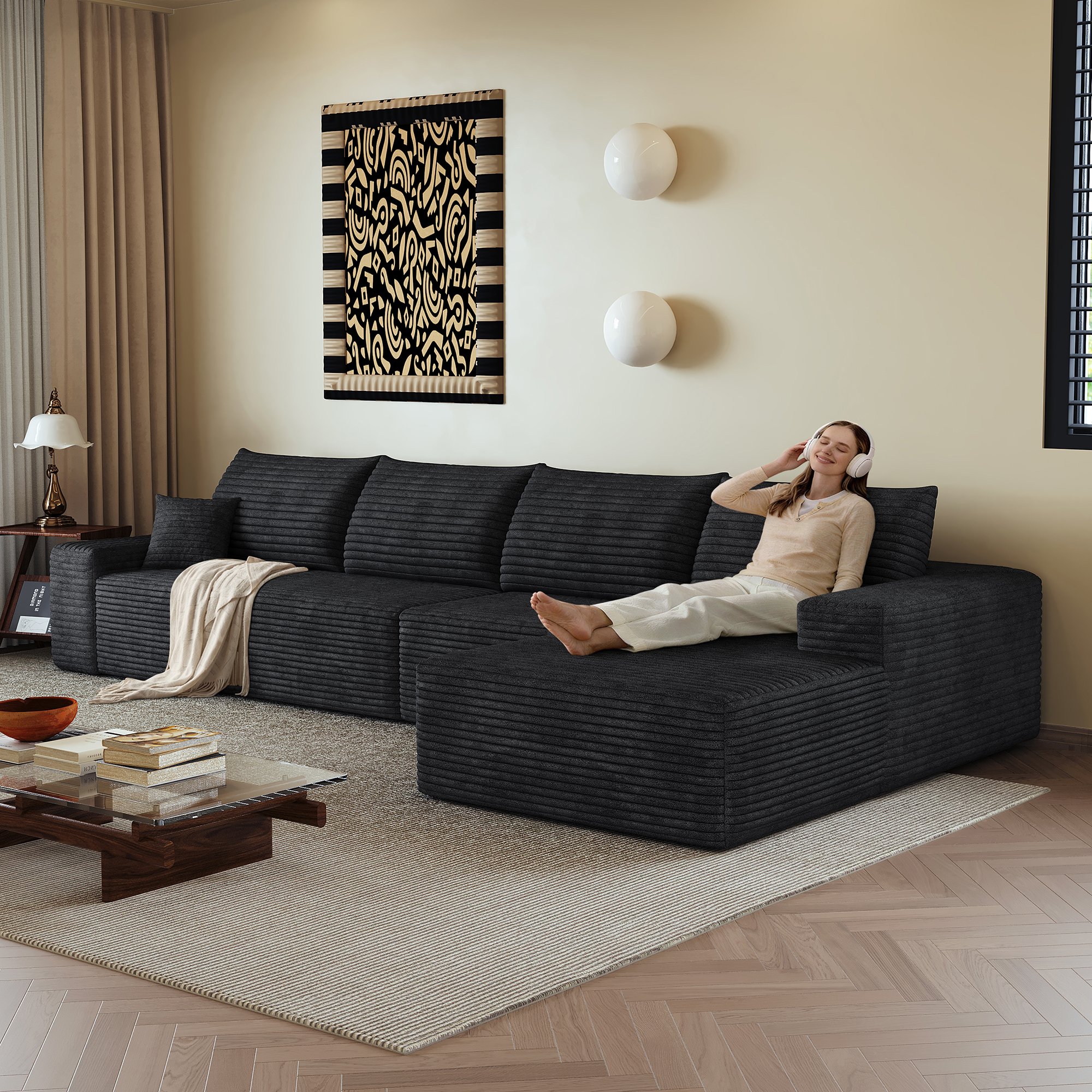 Canapé d'angle 340x175 cm noir en tissu côtelé, structure modulaire sans montage, assise profonde confortable pour salon et appartement