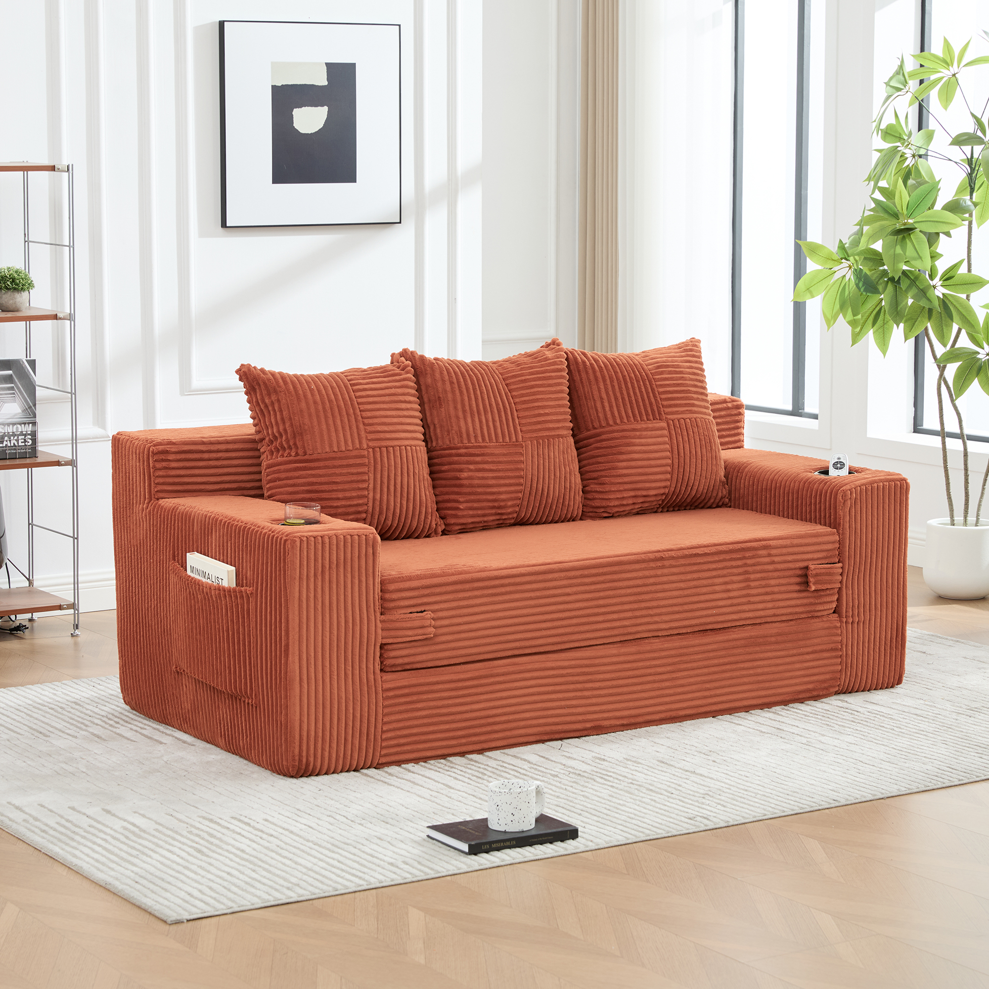 Canapé Modulable 2 Places Orange Velours Côtelé avec Mousse Mémoire et Rangement Sous Coussins