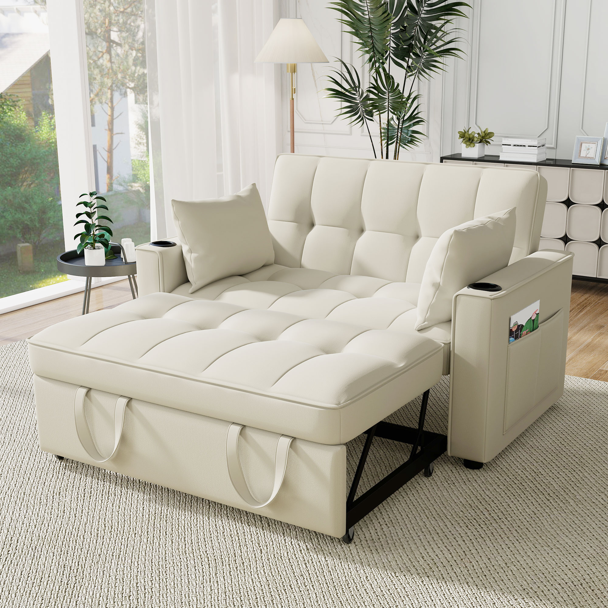 Lit avec rangement 2 places 137x76,5x83 cm avec tiroirs intégrés et couchage convertible en velours beige