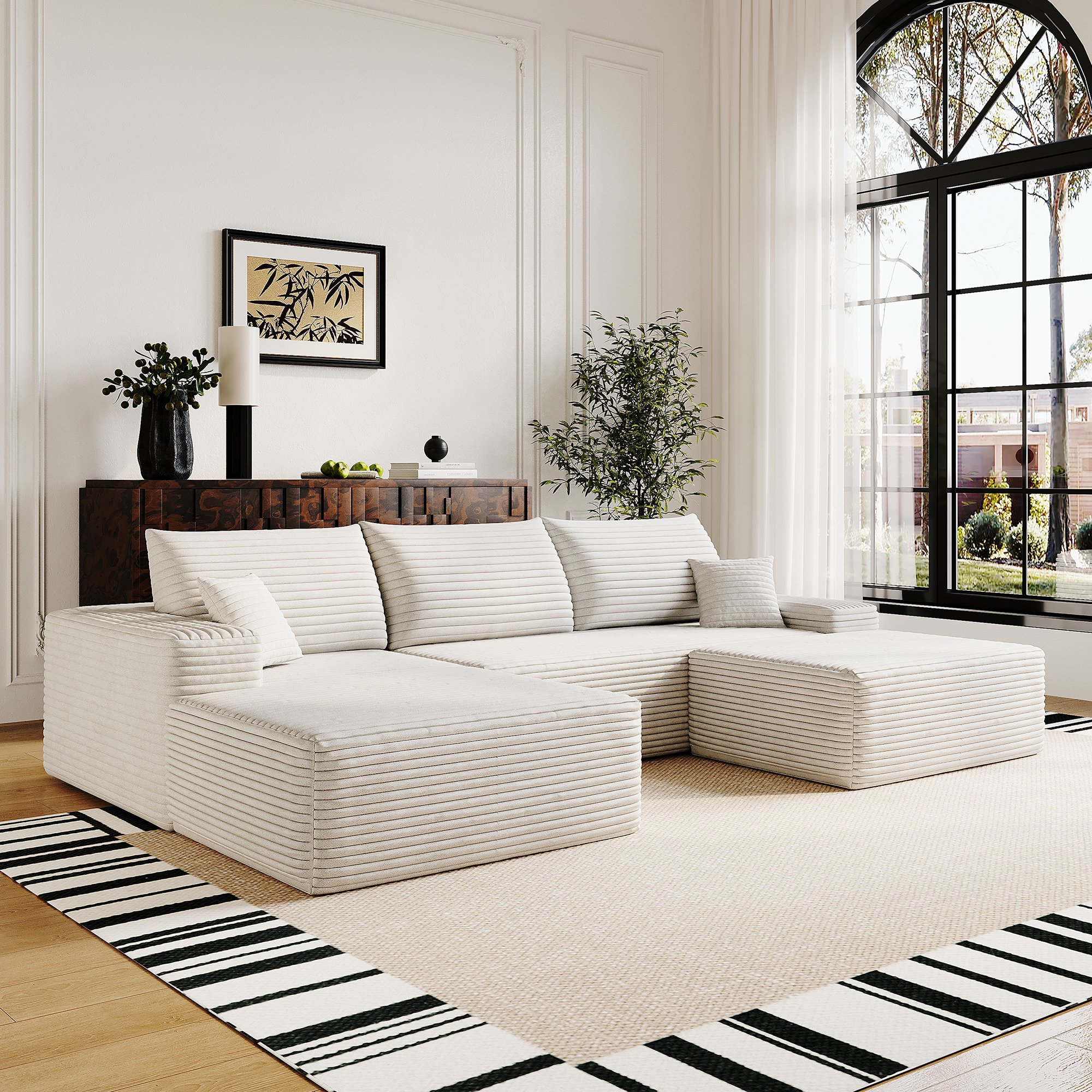 Canapé d'angle blanc 270x175cm en velours côtelé, structure modulaire avec chaise longue et assise profonde, sans assemblage requis